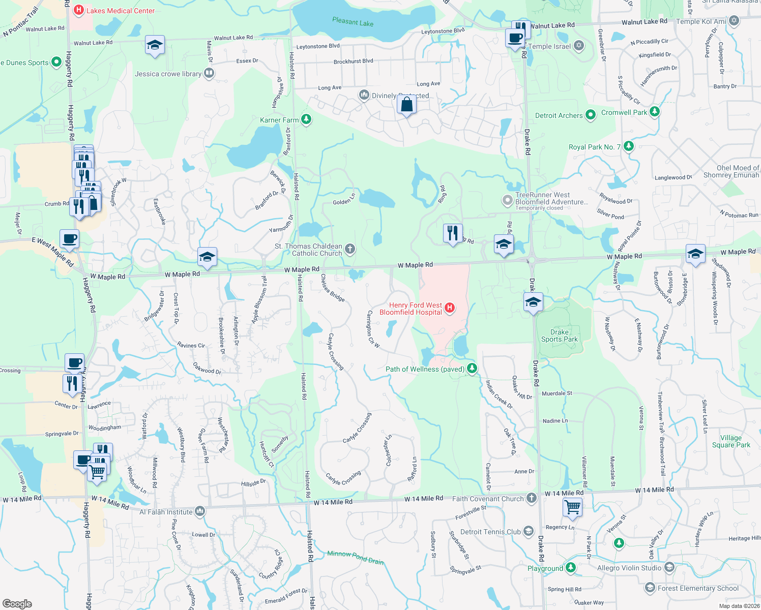 map of restaurants, bars, coffee shops, grocery stores, and more near 6845 Carrington Circle West in West Bloomfield Township