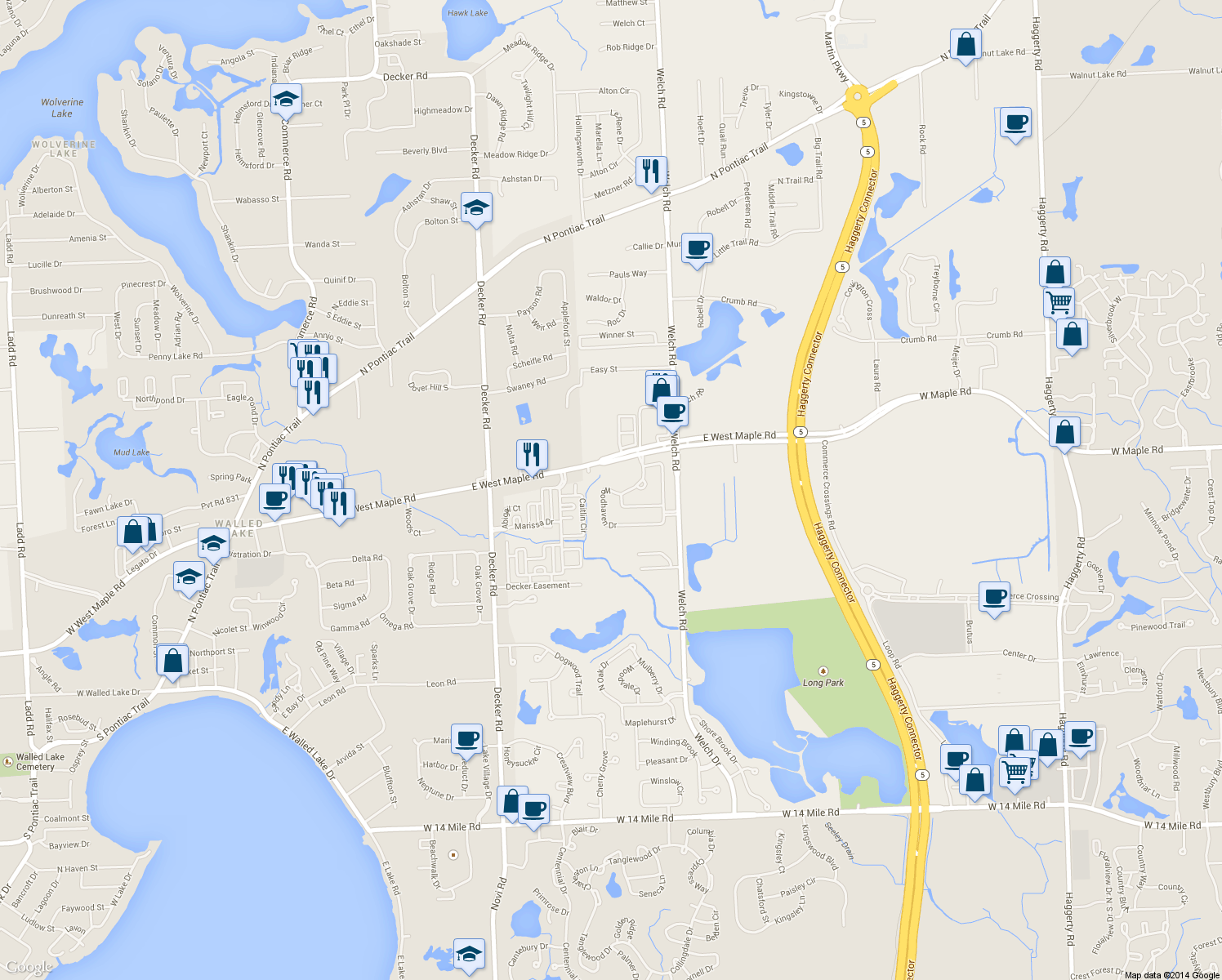 map of restaurants, bars, coffee shops, grocery stores, and more near 733 Woodhaven Drive in Commerce Township