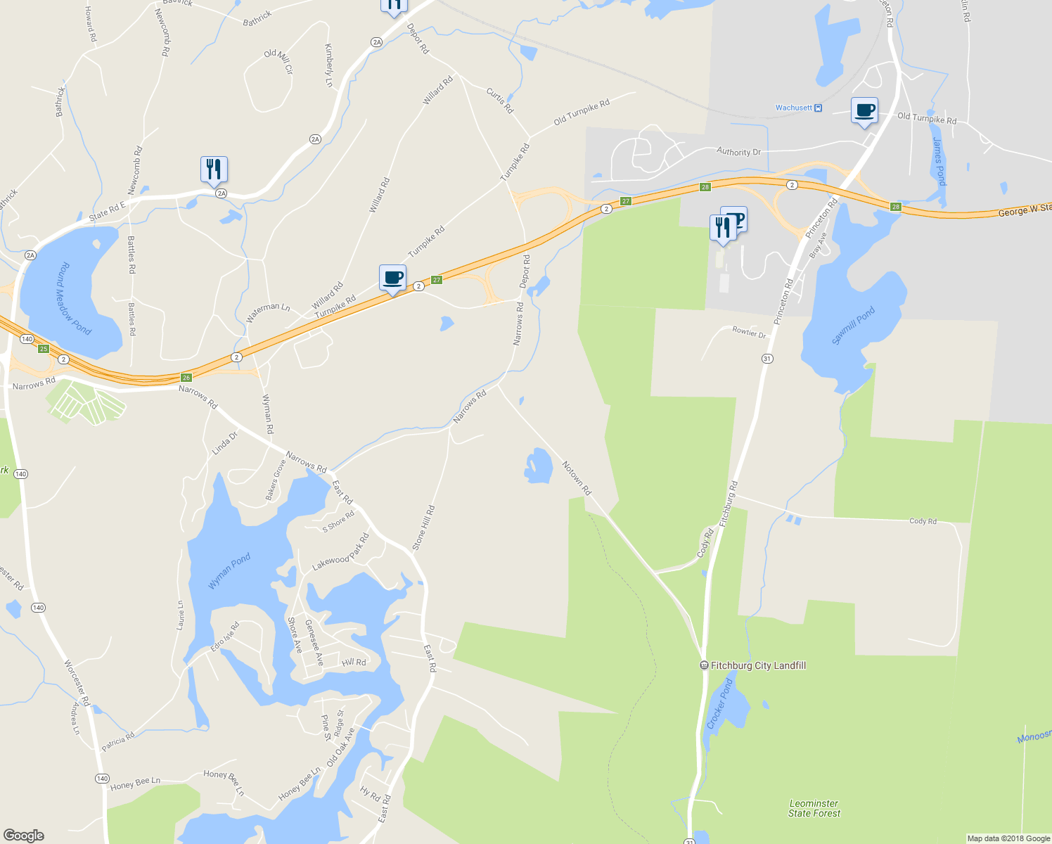 map of restaurants, bars, coffee shops, grocery stores, and more near 5 Notown Road in Westminster