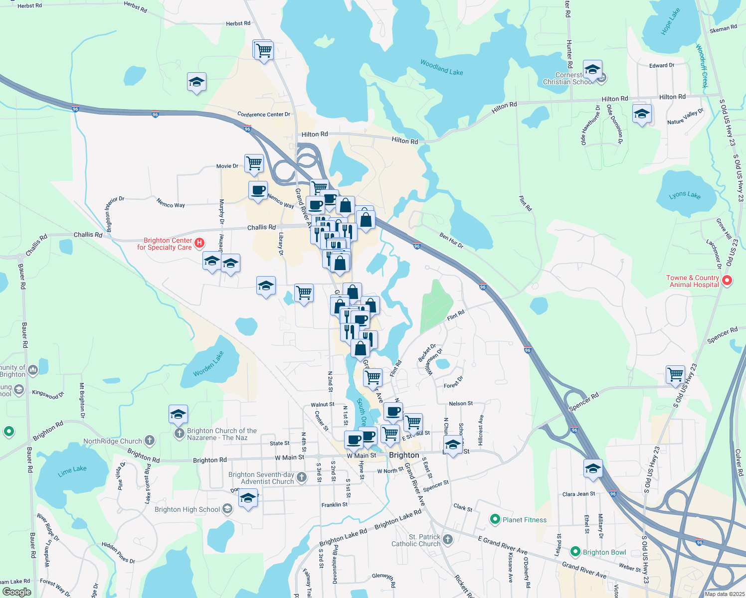 map of restaurants, bars, coffee shops, grocery stores, and more near 8699 Meadowbrook Drive in Brighton