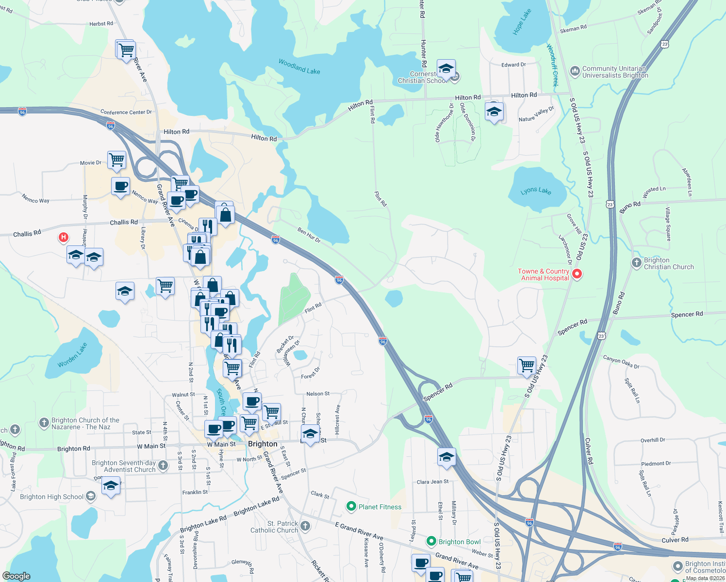 map of restaurants, bars, coffee shops, grocery stores, and more near 4125 Flint Rd in Brighton