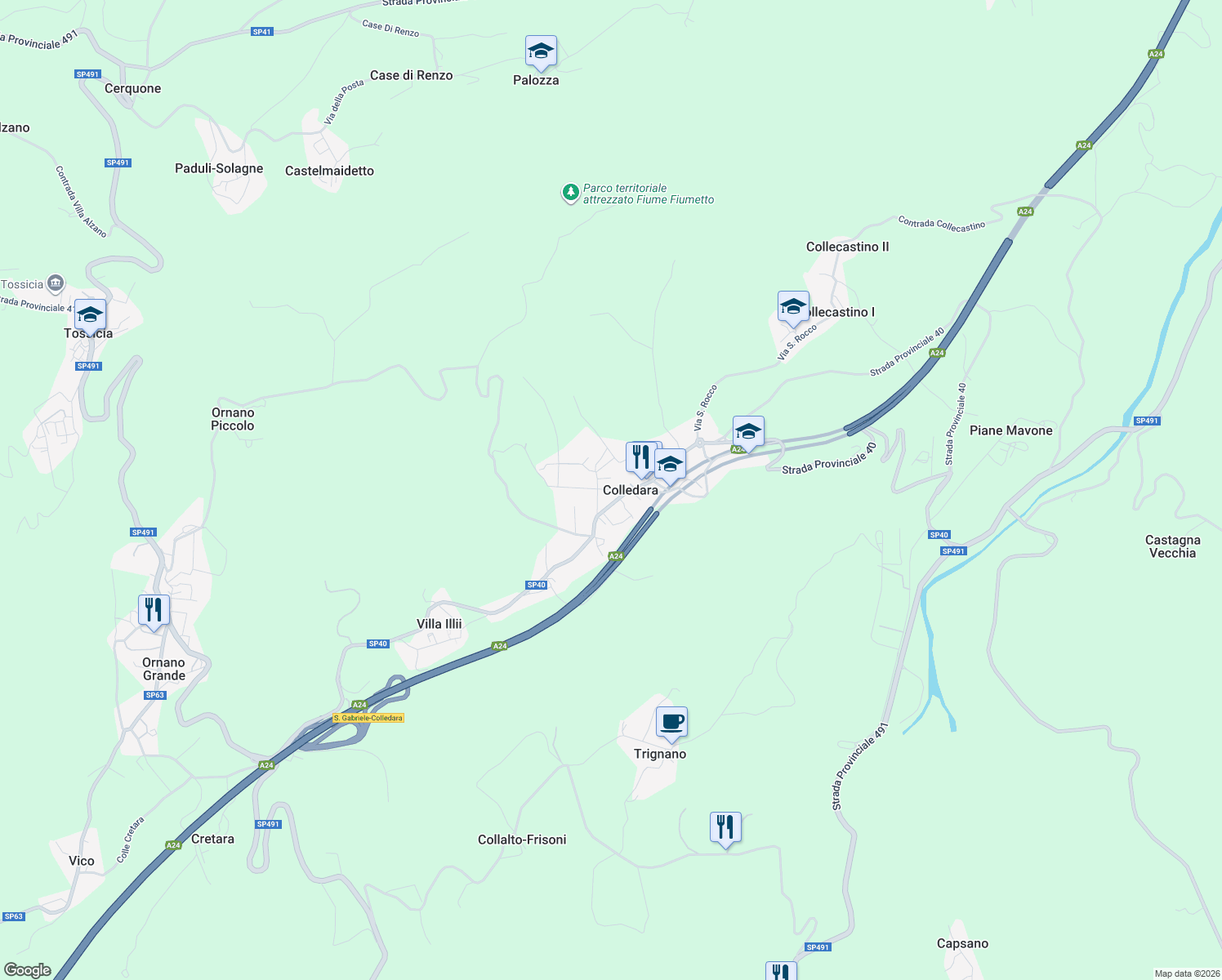 map of restaurants, bars, coffee shops, grocery stores, and more near 45 Via Nuova in Colledara