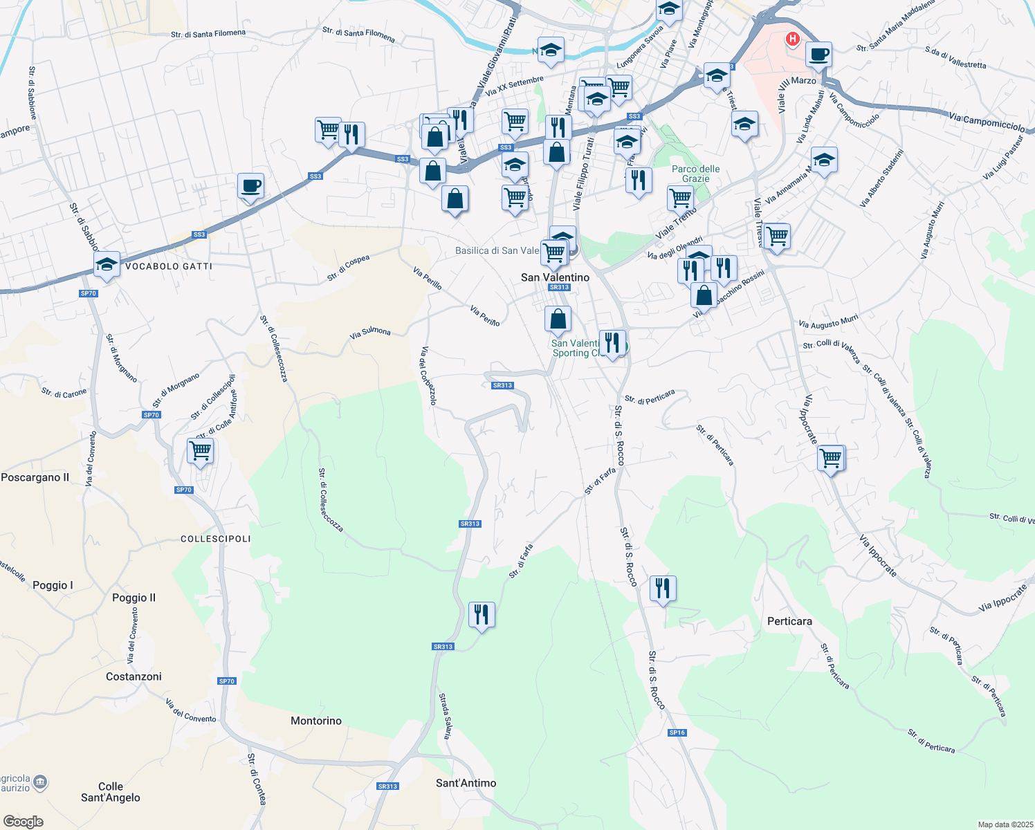 map of restaurants, bars, coffee shops, grocery stores, and more near in Terni