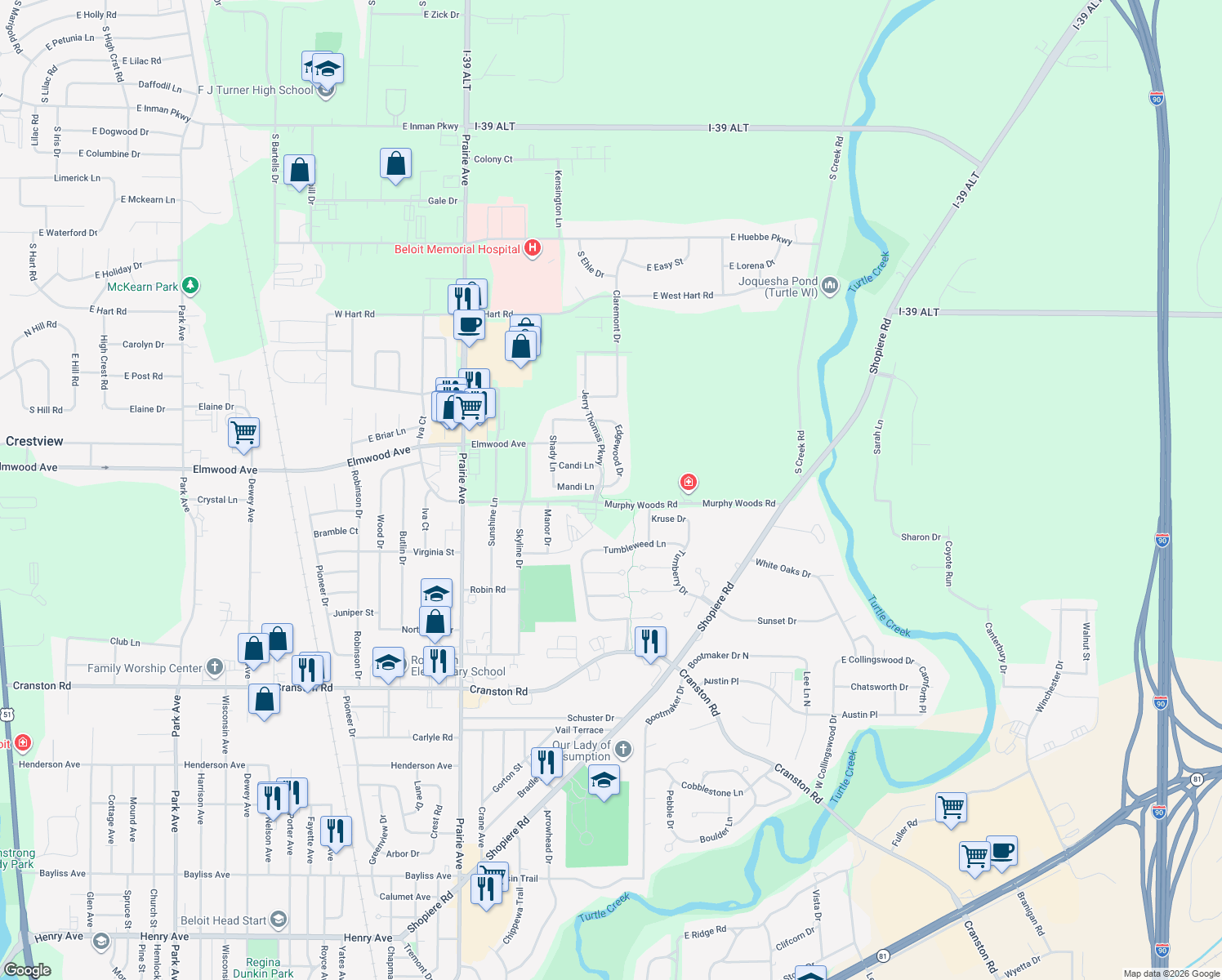 map of restaurants, bars, coffee shops, grocery stores, and more near 2505 Edgewood Drive in Beloit