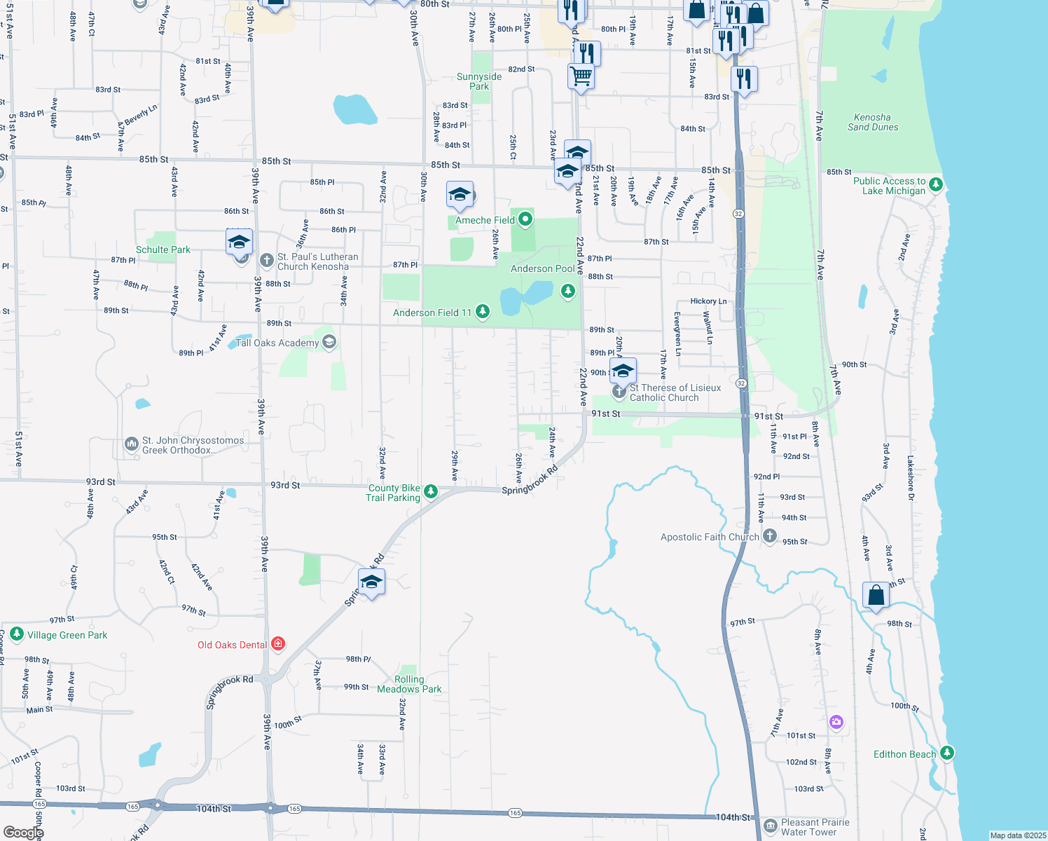 map of restaurants, bars, coffee shops, grocery stores, and more near 2517 91st Street in Kenosha