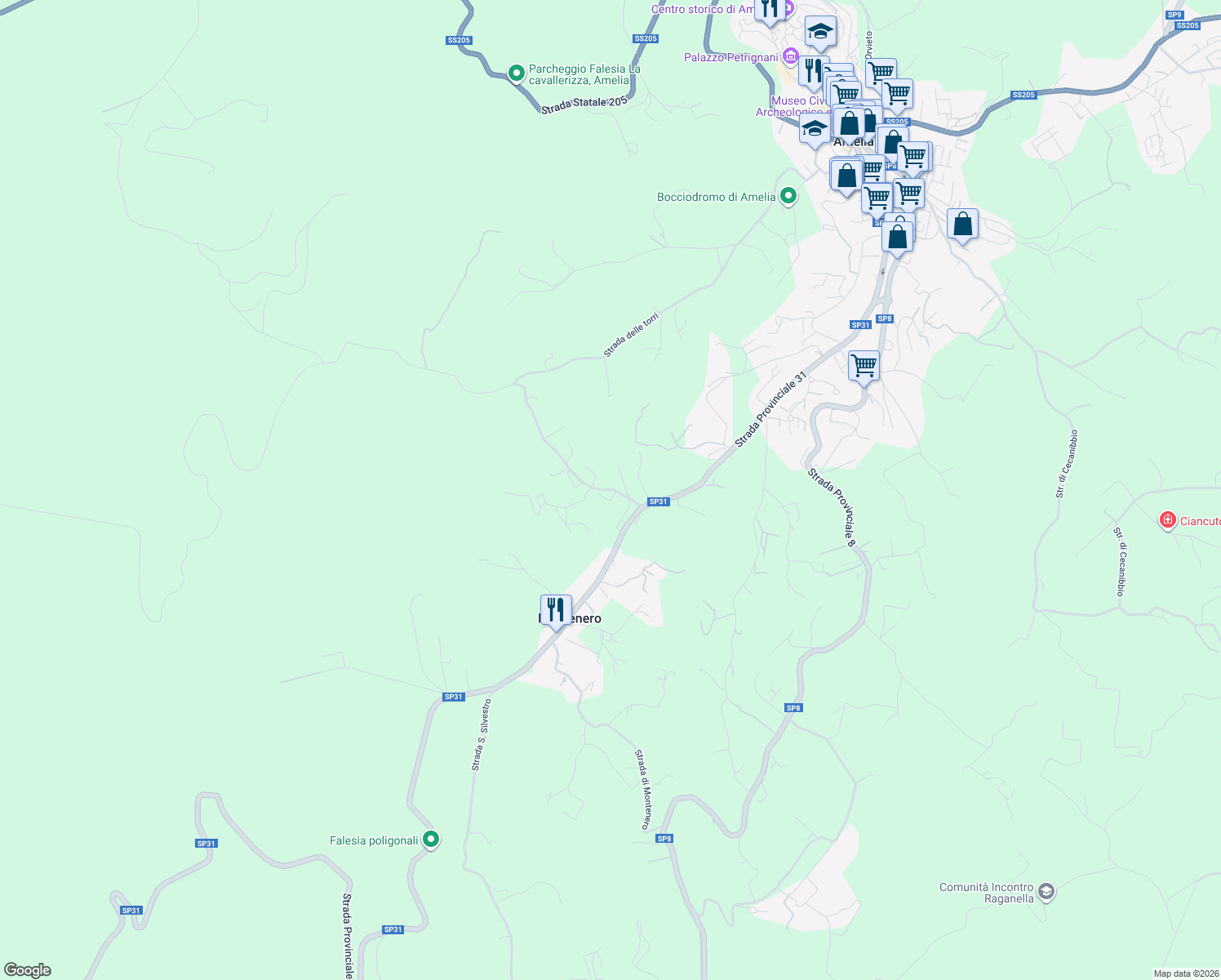 map of restaurants, bars, coffee shops, grocery stores, and more near 3 Strada di Campo Sardella in Provincia di Terni
