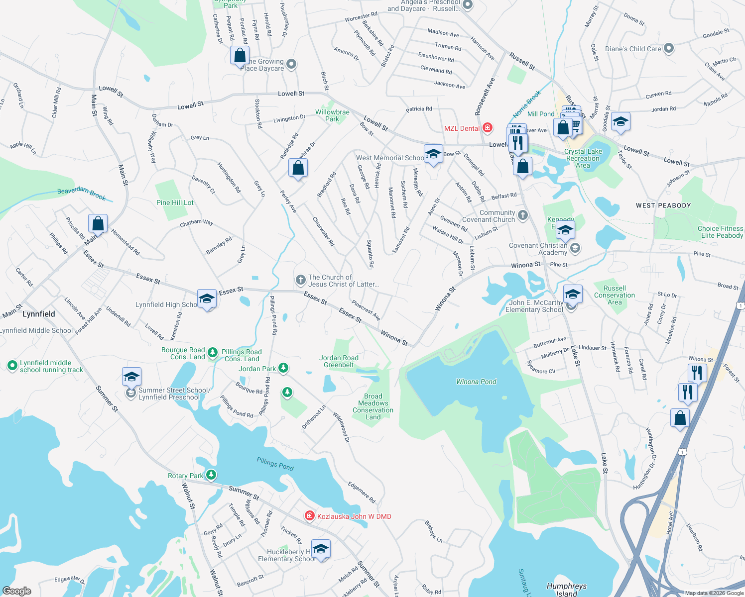 map of restaurants, bars, coffee shops, grocery stores, and more near 6 Crossrip Avenue in Peabody