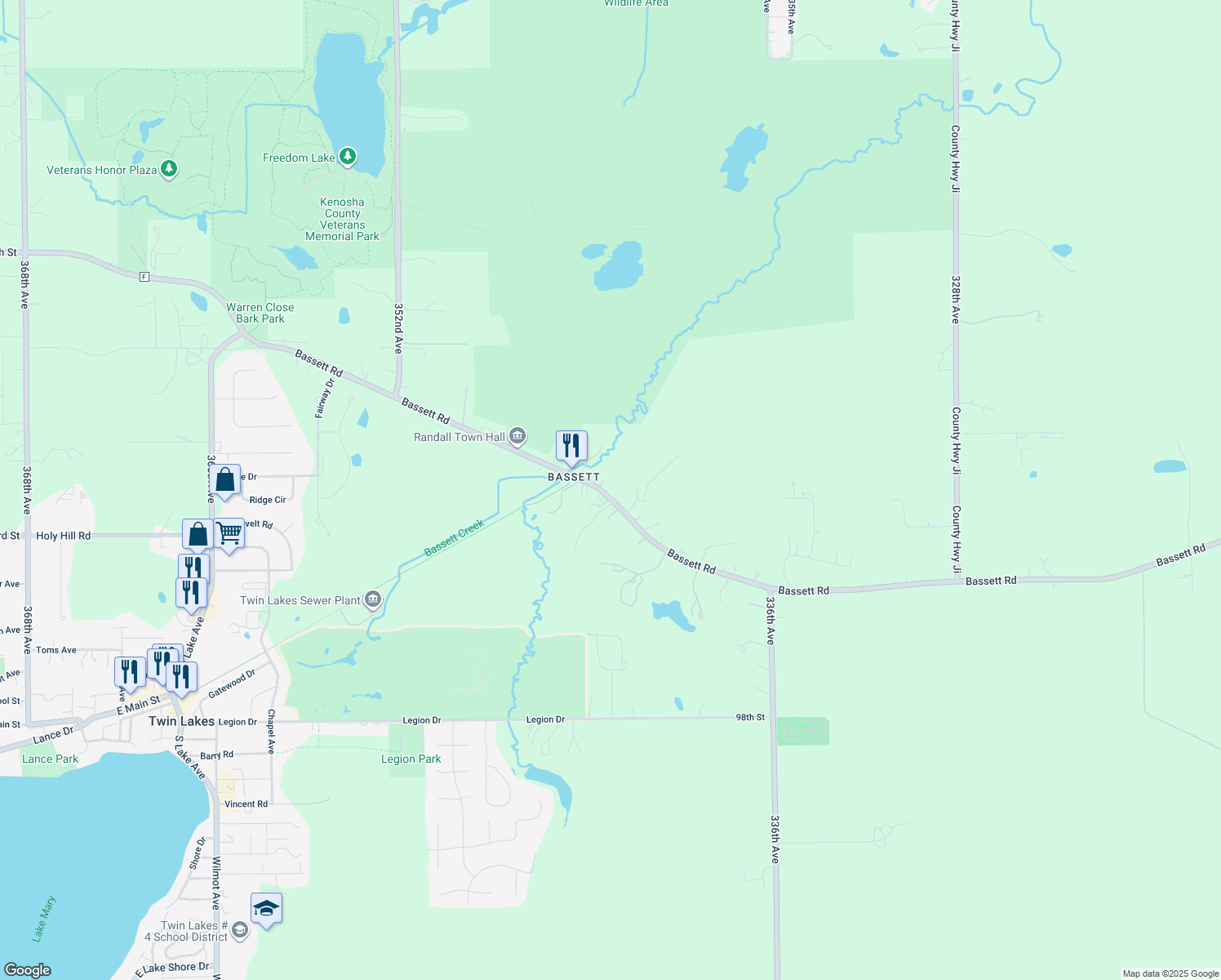 map of restaurants, bars, coffee shops, grocery stores, and more near 34306 Bassett Rd in Burlington