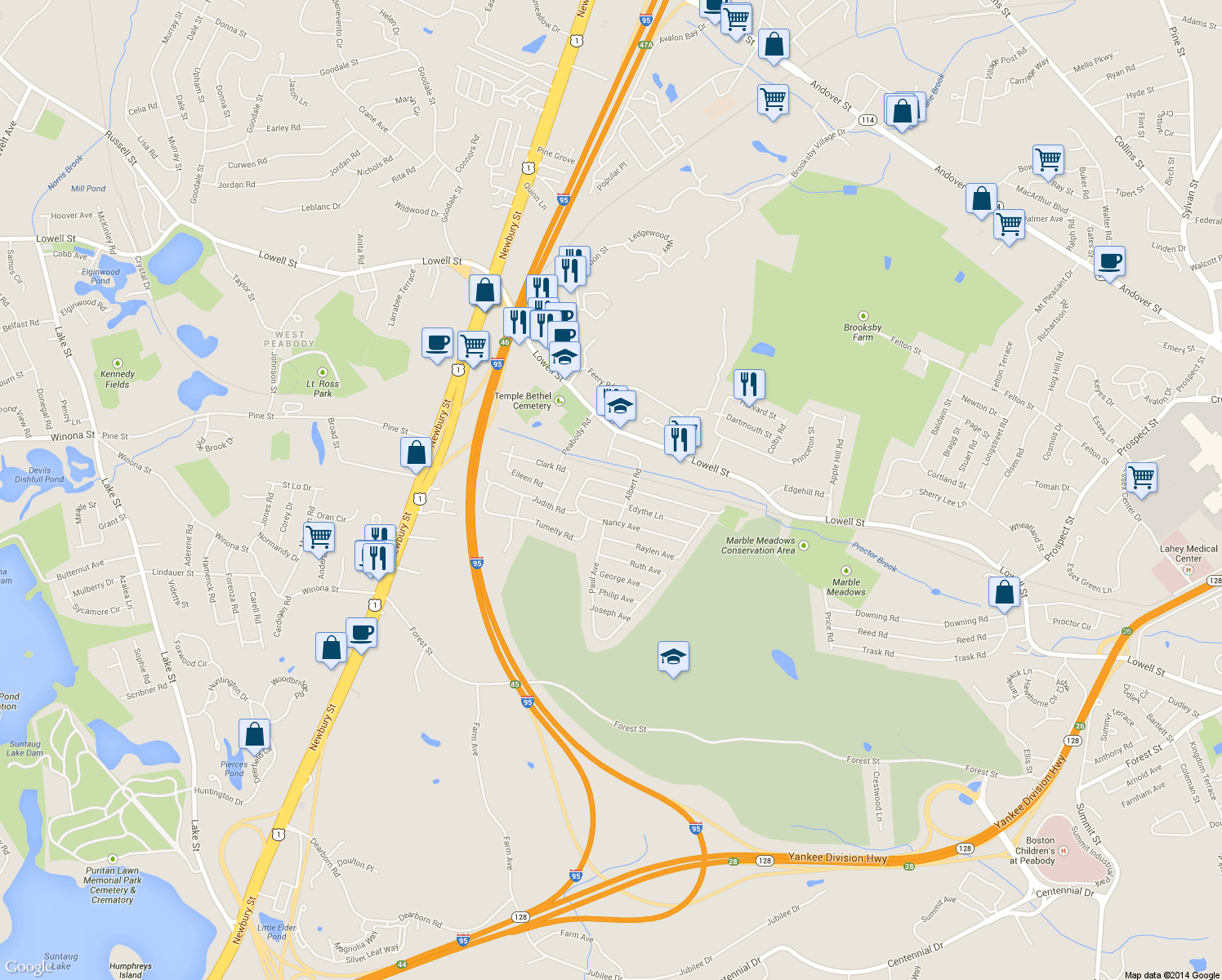 map of restaurants, bars, coffee shops, grocery stores, and more near 24 Nancy Ave in Peabody
