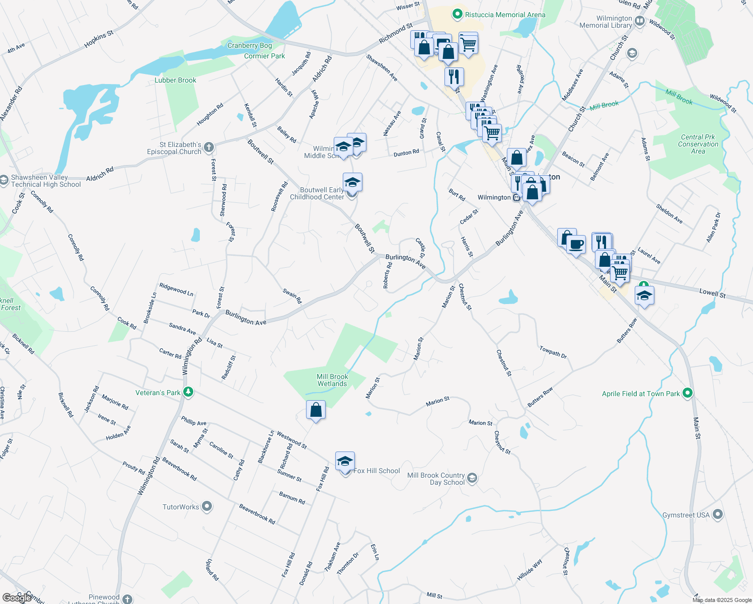 map of restaurants, bars, coffee shops, grocery stores, and more near 17 Dell Drive in Wilmington