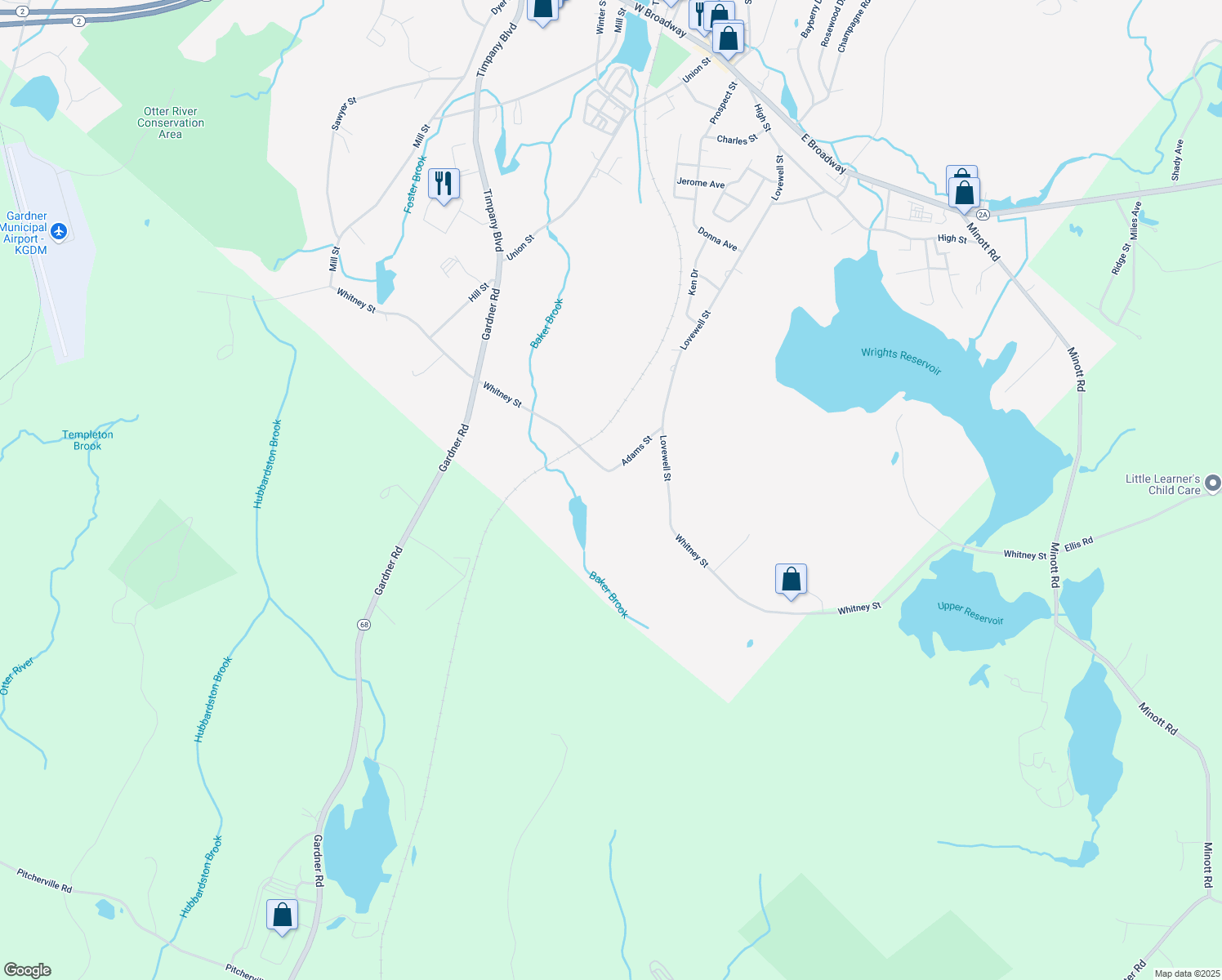 map of restaurants, bars, coffee shops, grocery stores, and more near 50 Adams Street in Gardner