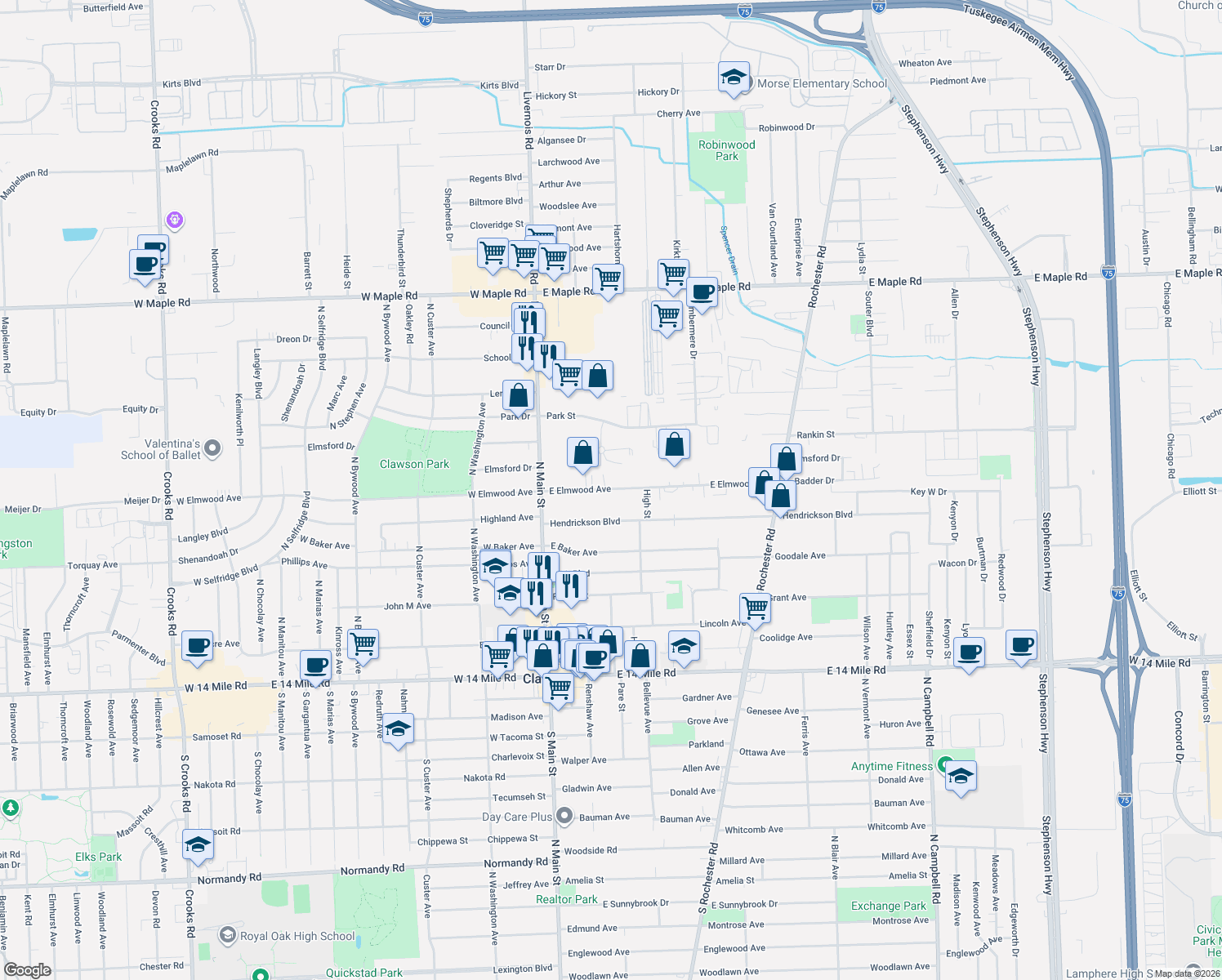 map of restaurants, bars, coffee shops, grocery stores, and more near 101 John M Avenue in Clawson
