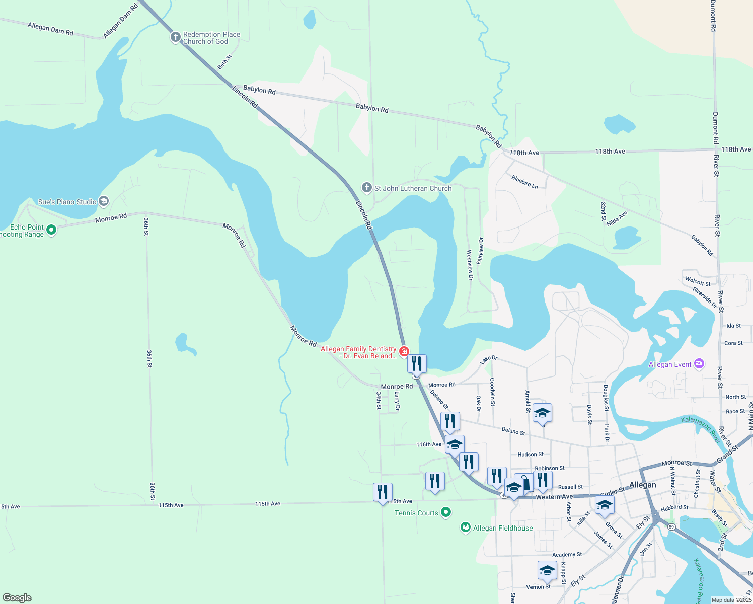 map of restaurants, bars, coffee shops, grocery stores, and more near 1698 River Ridge Court in Allegan