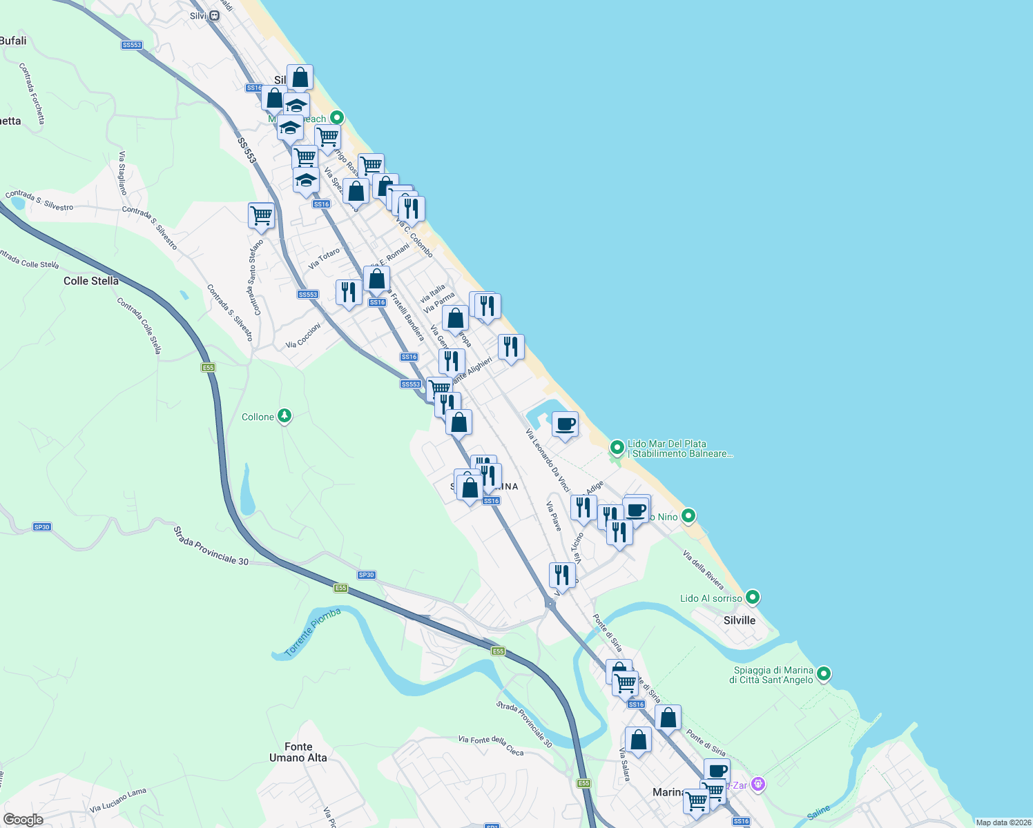map of restaurants, bars, coffee shops, grocery stores, and more near 54B Via Leonardo da Vinci in Silvi