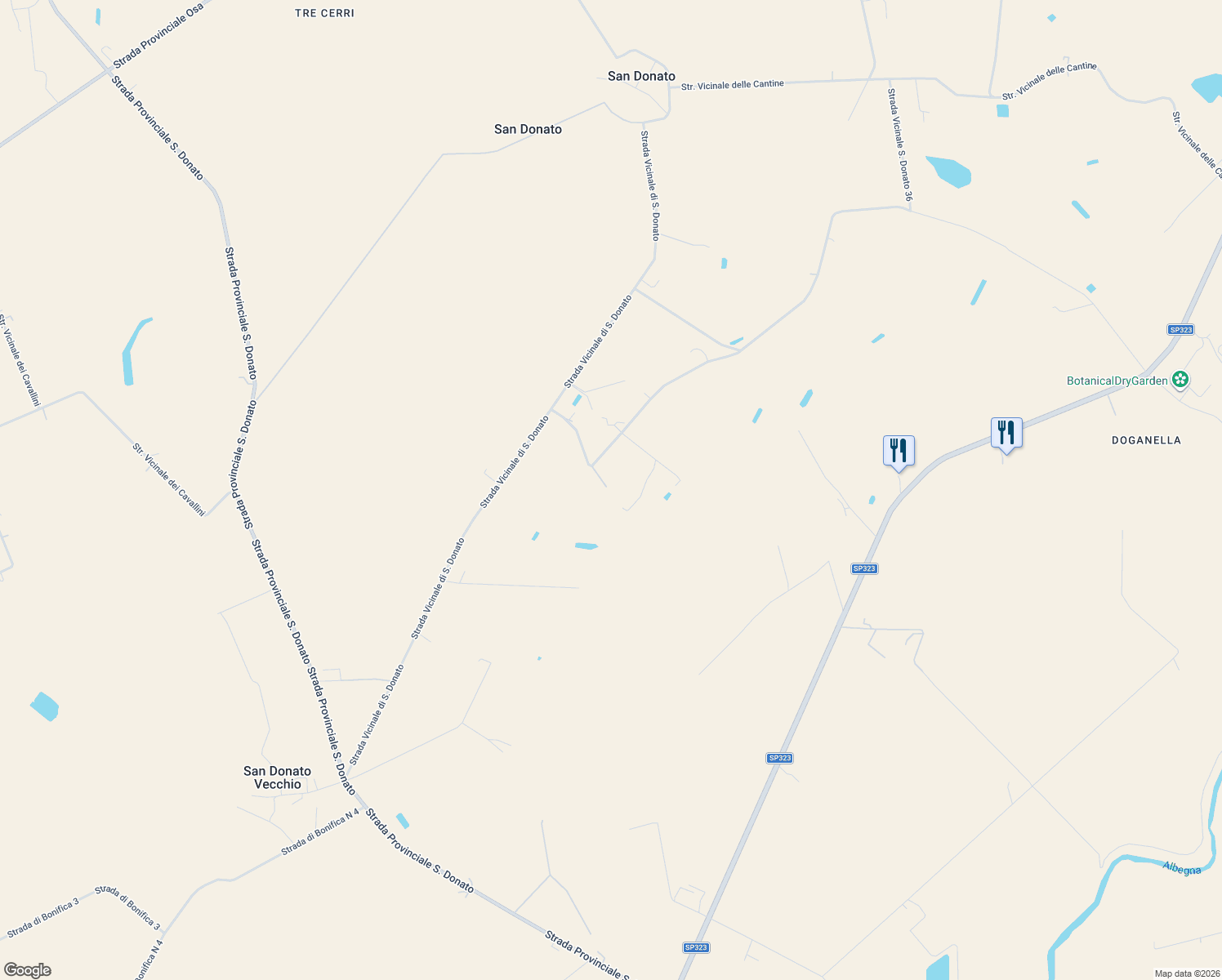 map of restaurants, bars, coffee shops, grocery stores, and more near 36 Strada Vicinale di San Donato in Albinia