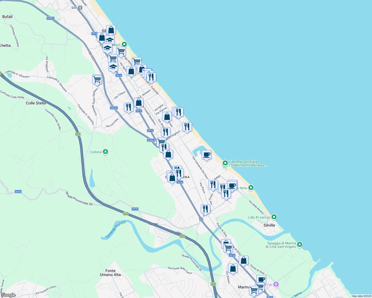 map of restaurants, bars, coffee shops, grocery stores, and more near 54B Via Leonardo Da Vinci in Silvi