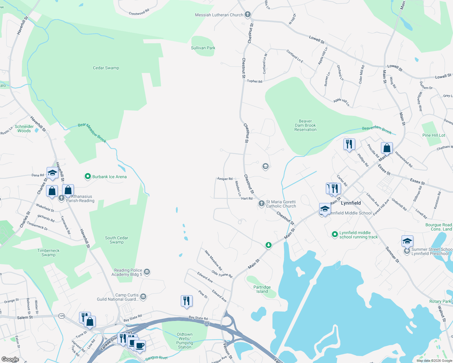 map of restaurants, bars, coffee shops, grocery stores, and more near 8 Candlewood Road in Lynnfield