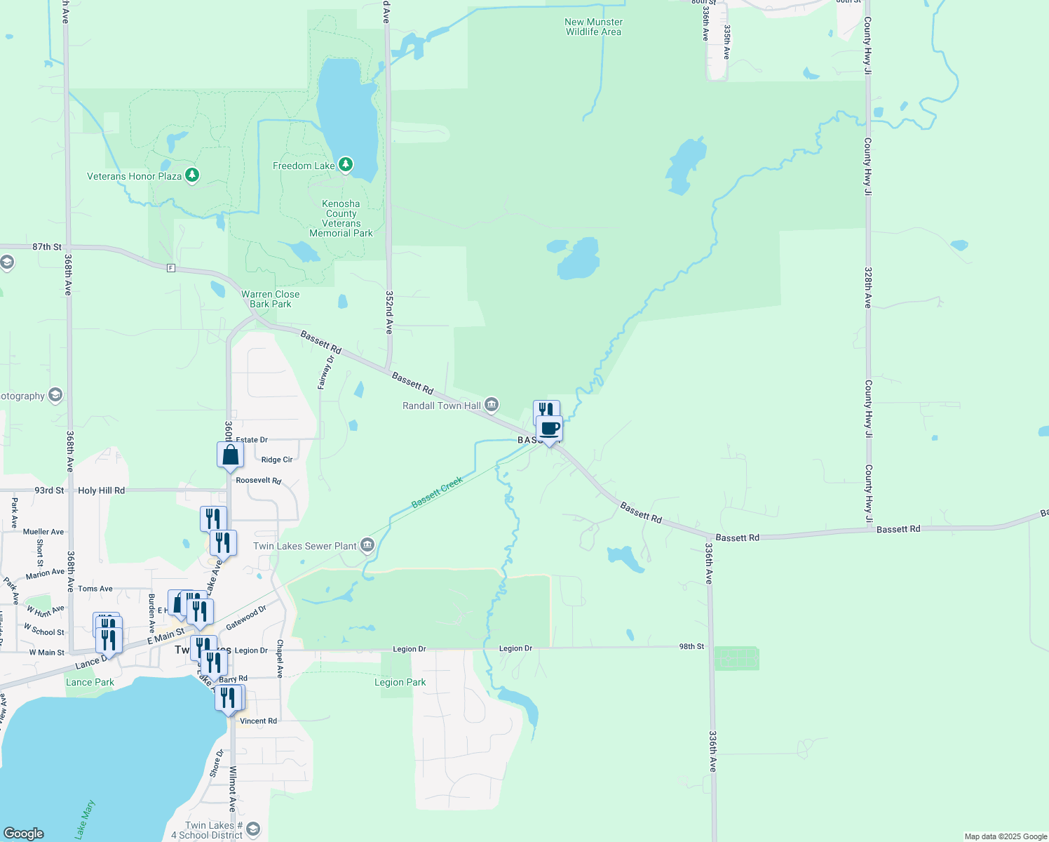 map of restaurants, bars, coffee shops, grocery stores, and more near 34440 Bassett Rd in Burlington
