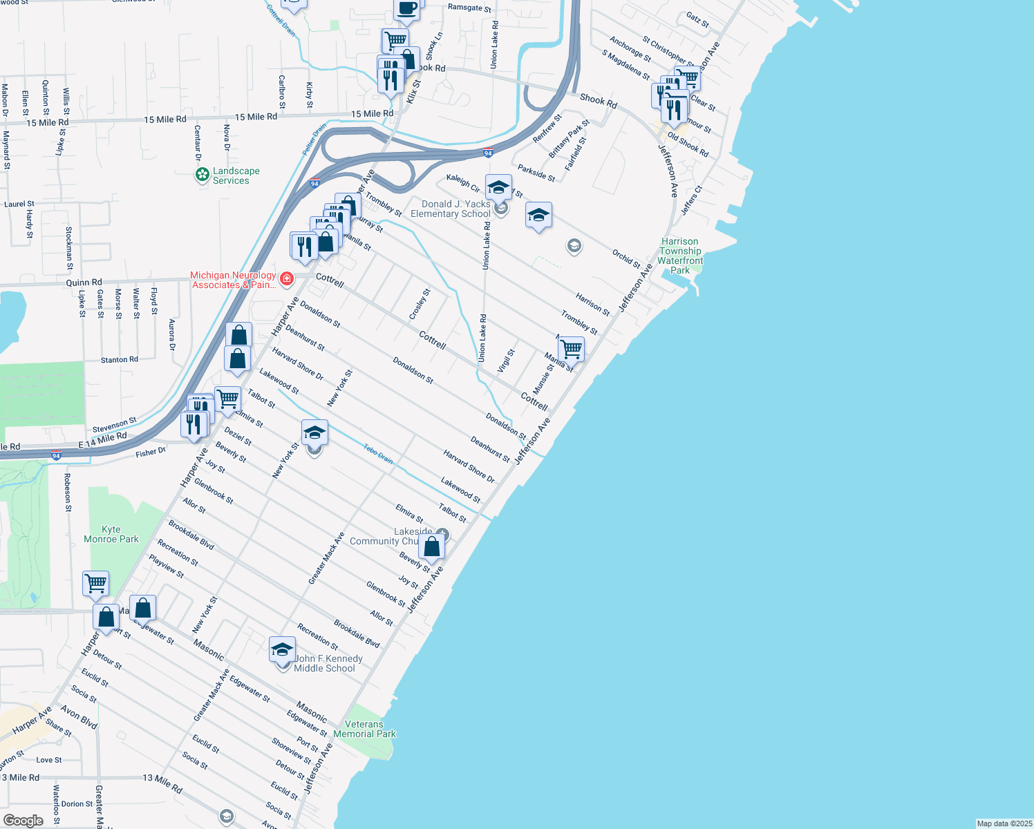 map of restaurants, bars, coffee shops, grocery stores, and more near 34235 Munsie St in Harrison Township