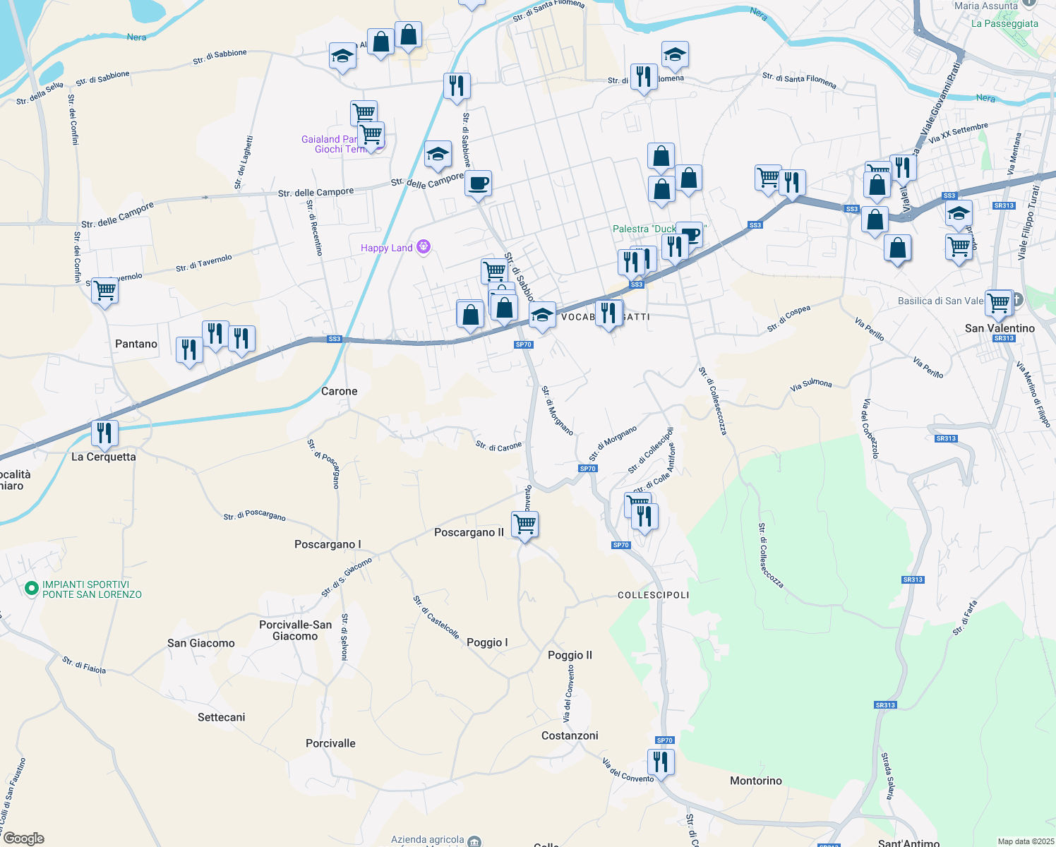 map of restaurants, bars, coffee shops, grocery stores, and more near 105 Via del Convento in Terni