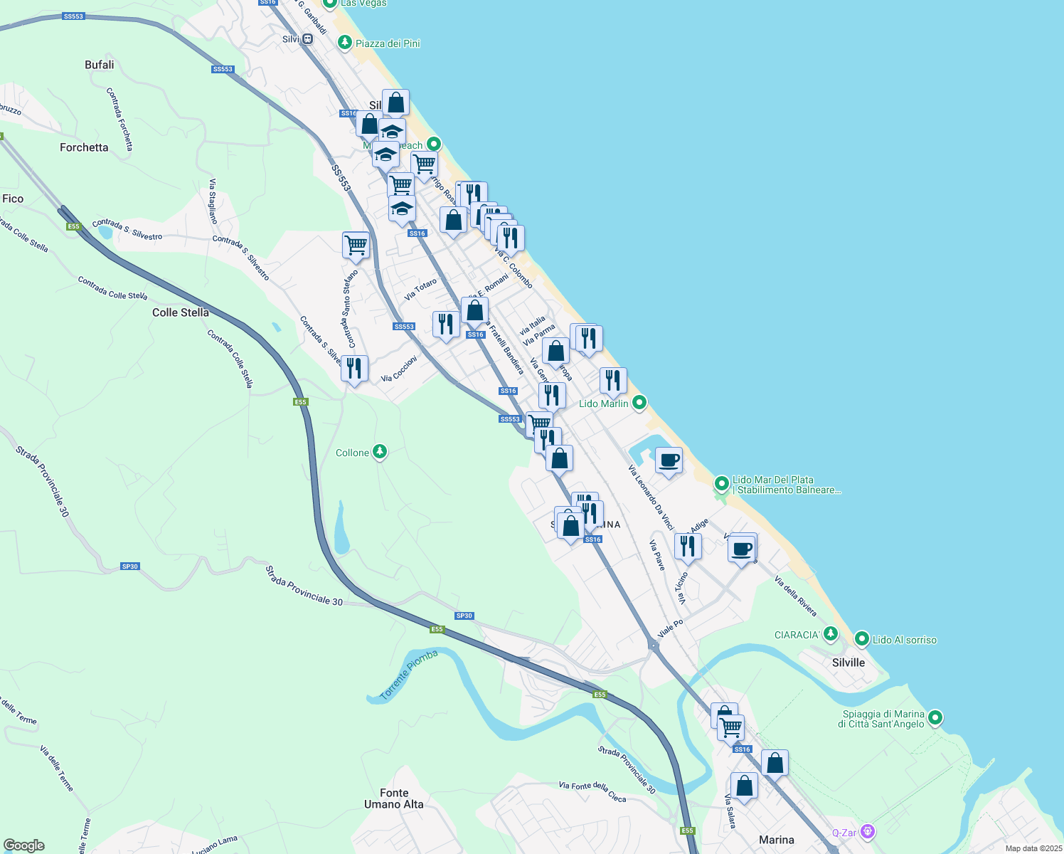 map of restaurants, bars, coffee shops, grocery stores, and more near 56 Via Dante Alighieri in Silvi