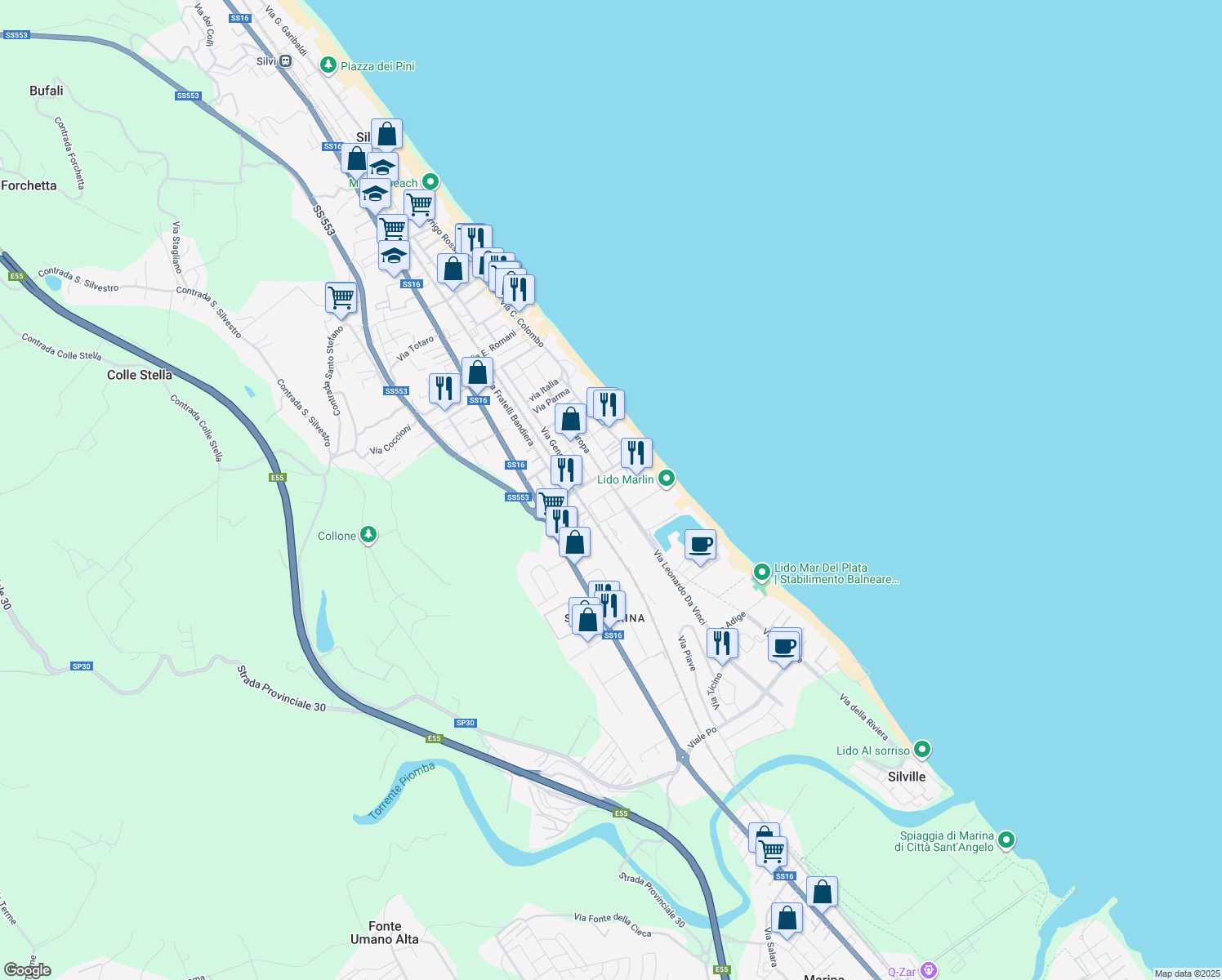 map of restaurants, bars, coffee shops, grocery stores, and more near 1 Via Dante Alighieri in Silvi