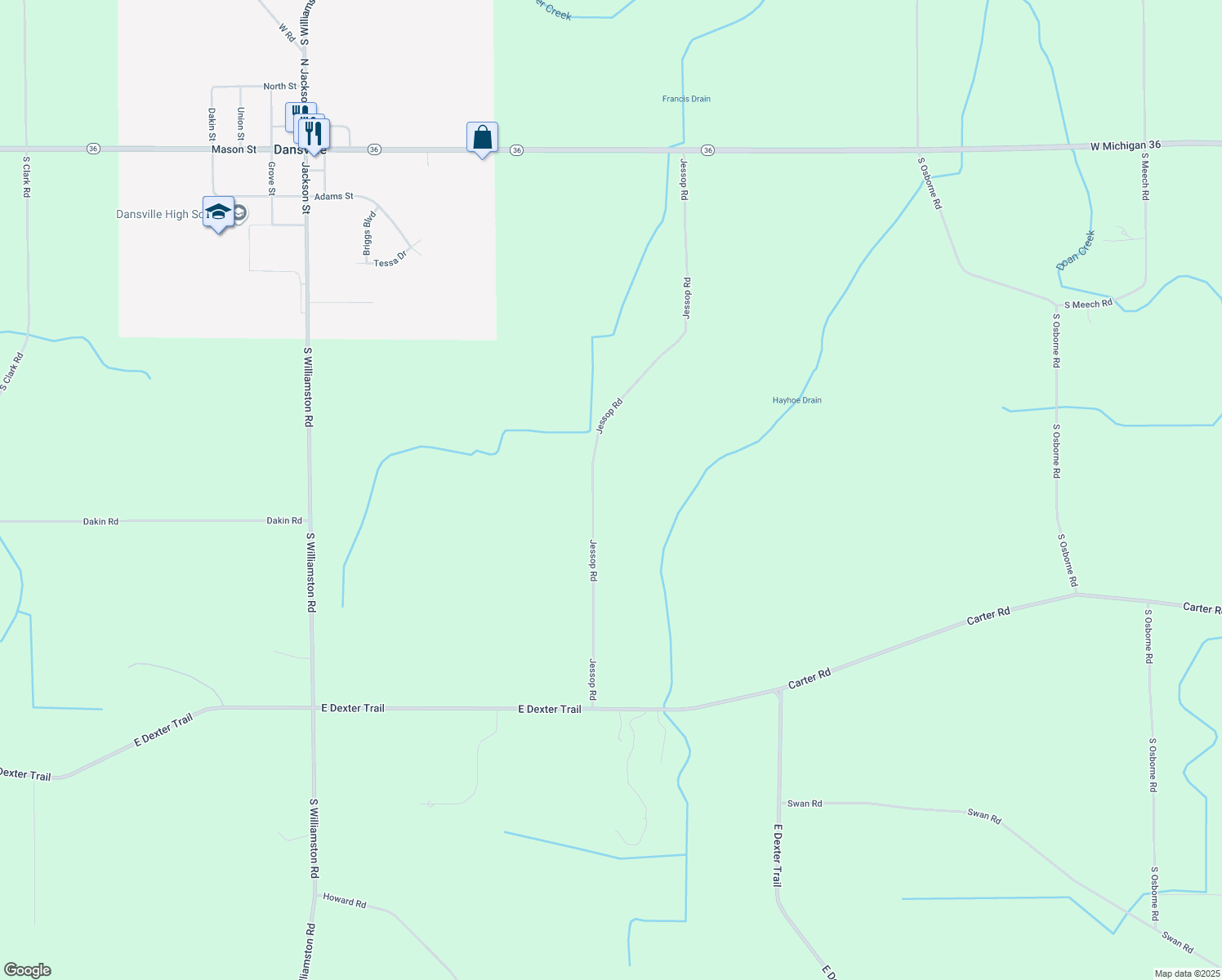 map of restaurants, bars, coffee shops, grocery stores, and more near 1535 Jessop Road in Dansville