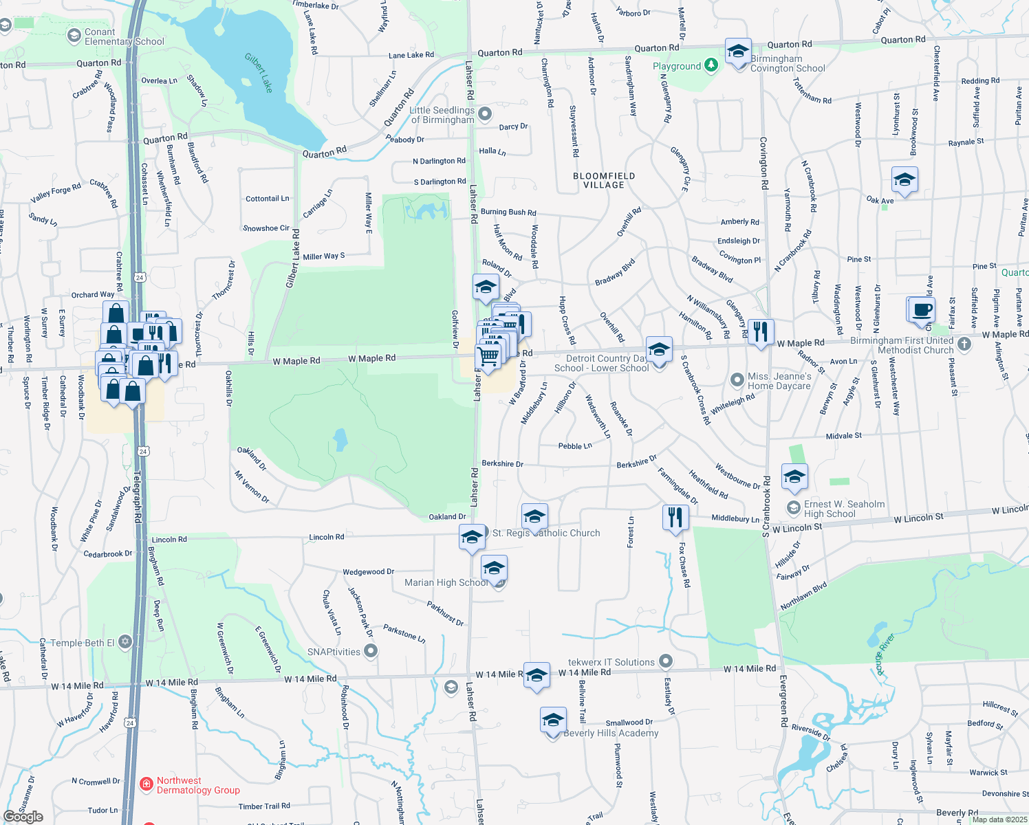 map of restaurants, bars, coffee shops, grocery stores, and more near 3656 West Bradford Drive in Bloomfield Hills
