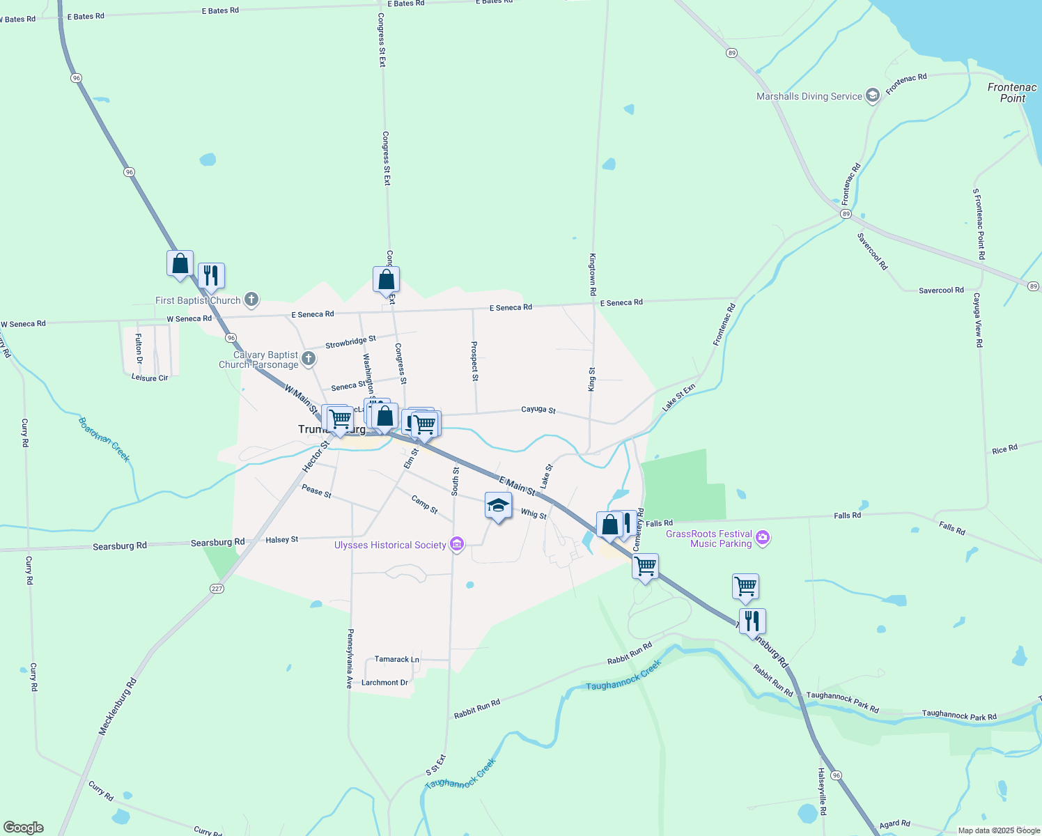 map of restaurants, bars, coffee shops, grocery stores, and more near 58 Cayuga St in Trumansburg