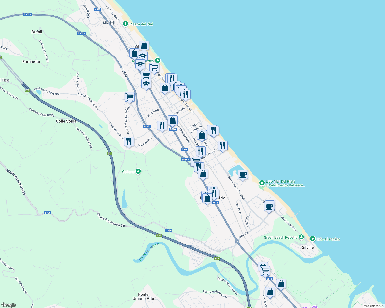 map of restaurants, bars, coffee shops, grocery stores, and more near 108 Via Fratelli Bandiera in Silvi