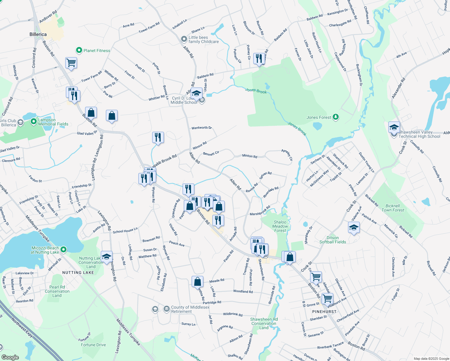 map of restaurants, bars, coffee shops, grocery stores, and more near 179 Allen Rd in Billerica