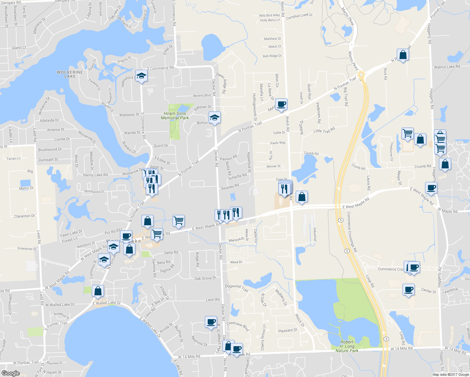 map of restaurants, bars, coffee shops, grocery stores, and more near 1778 Swaney Road in Walled Lake