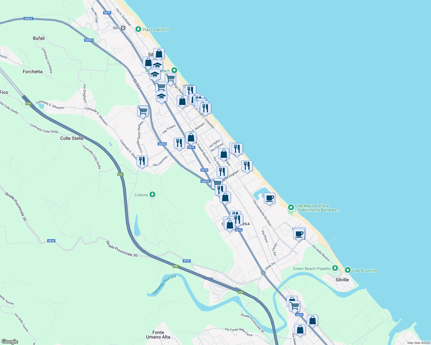 map of restaurants, bars, coffee shops, grocery stores, and more near 108 Via Fratelli Bandiera in Silvi