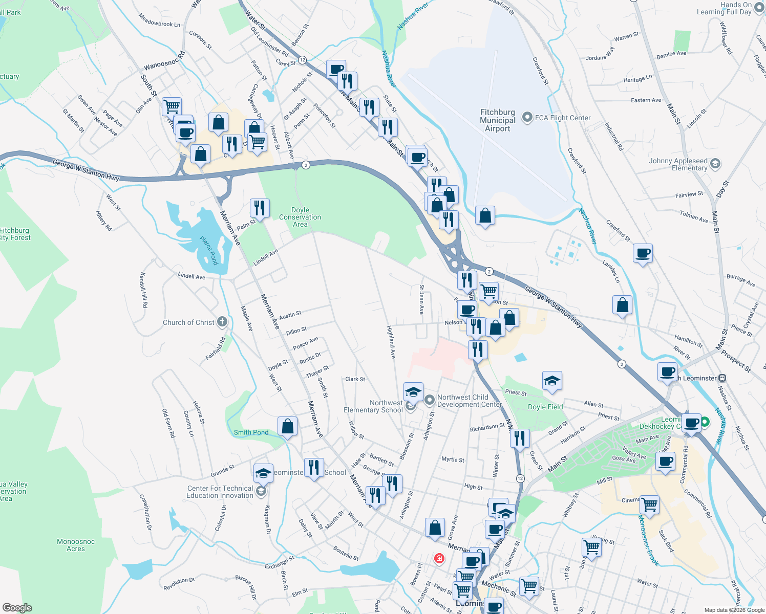 map of restaurants, bars, coffee shops, grocery stores, and more near 234 Highland Avenue in Leominster