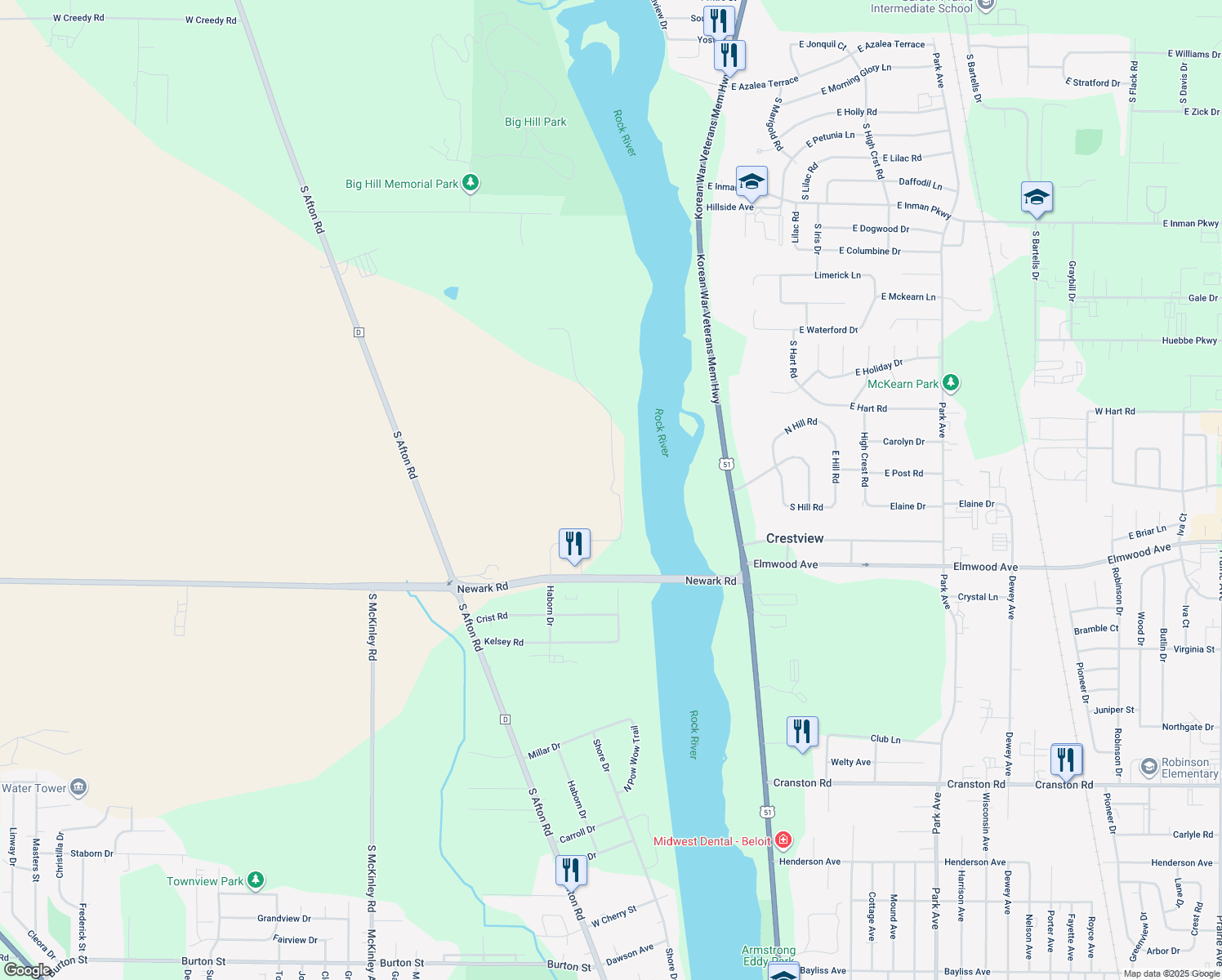 map of restaurants, bars, coffee shops, grocery stores, and more near 2559 South Natures Ridge in Beloit