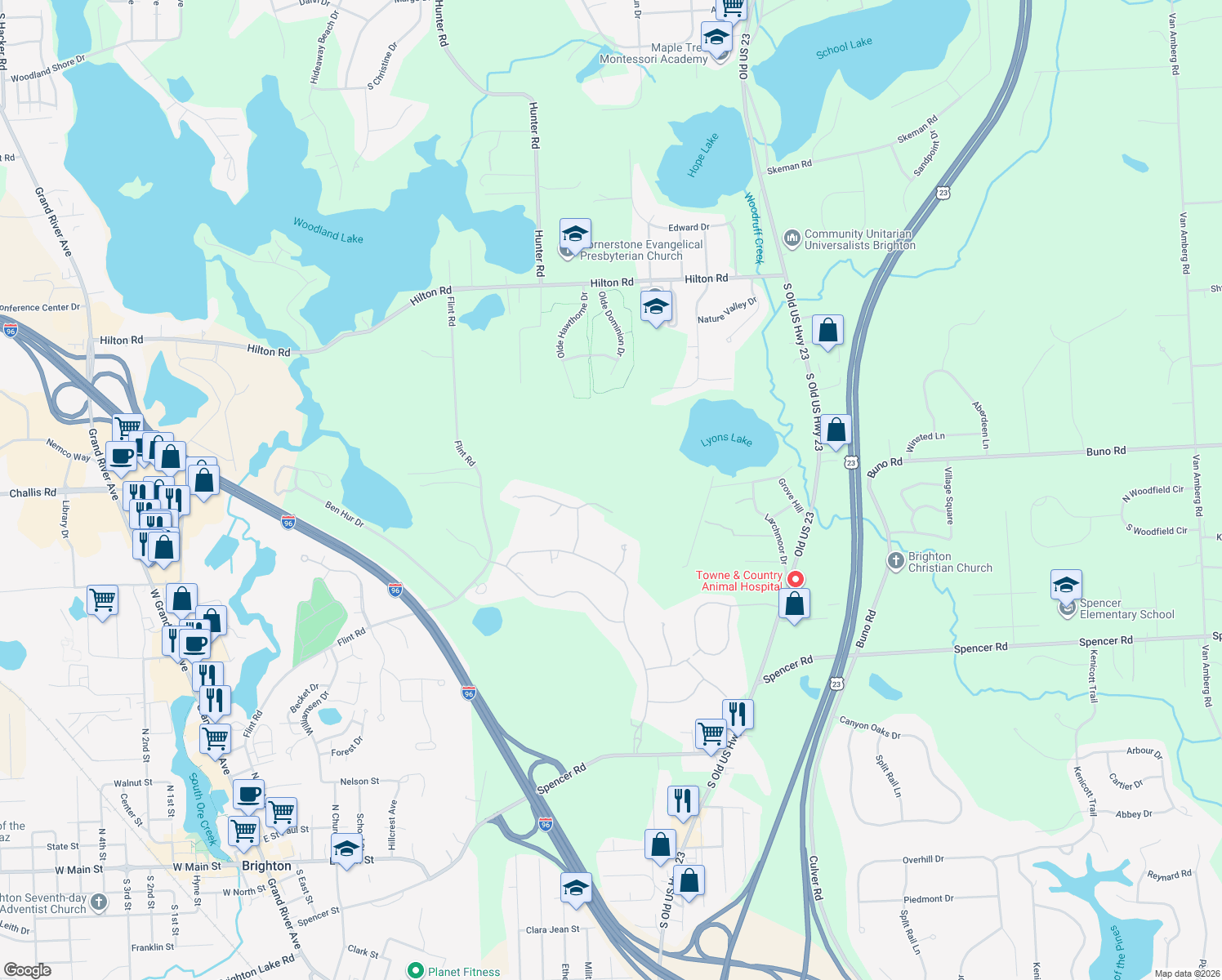 map of restaurants, bars, coffee shops, grocery stores, and more near 61 Northpointe Drive in Brighton