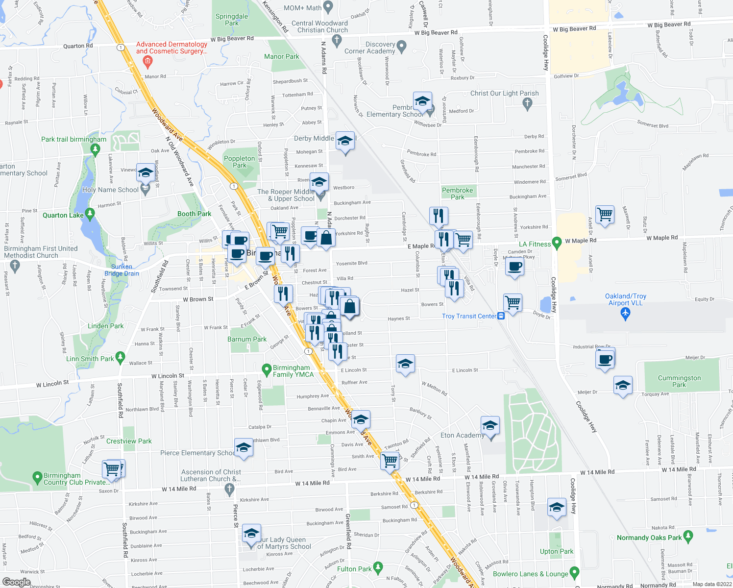 map of restaurants, bars, coffee shops, grocery stores, and more near 1414 Hazel Street in Birmingham