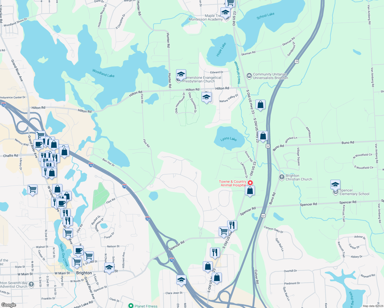 map of restaurants, bars, coffee shops, grocery stores, and more near 61 Northpointe Drive in Brighton