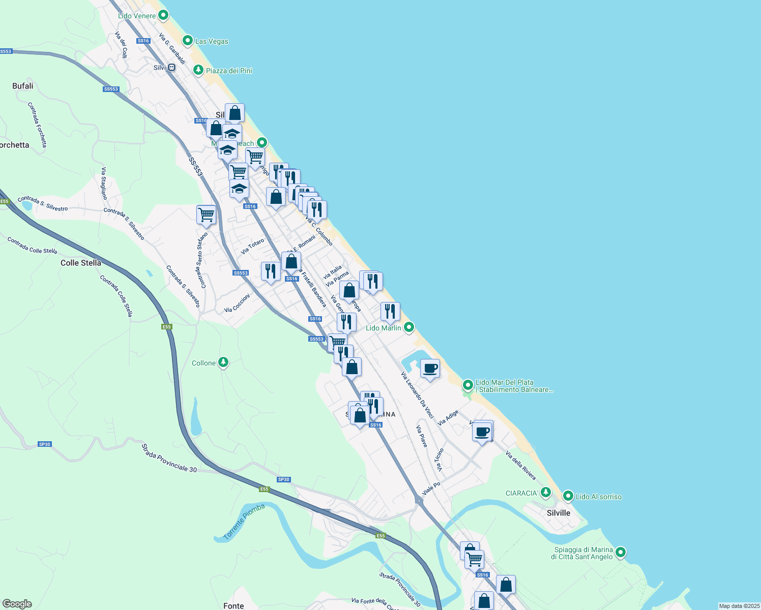 map of restaurants, bars, coffee shops, grocery stores, and more near 78 Via Gabriele D'Annunzio in Silvi