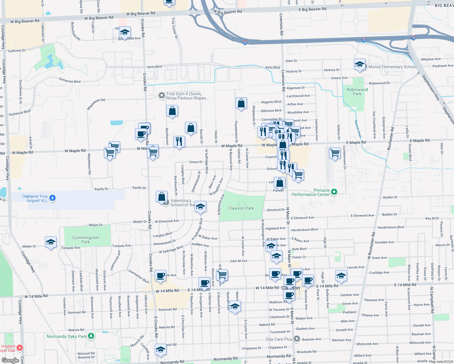 map of restaurants, bars, coffee shops, grocery stores, and more near 1269 North Bywood Avenue in Clawson