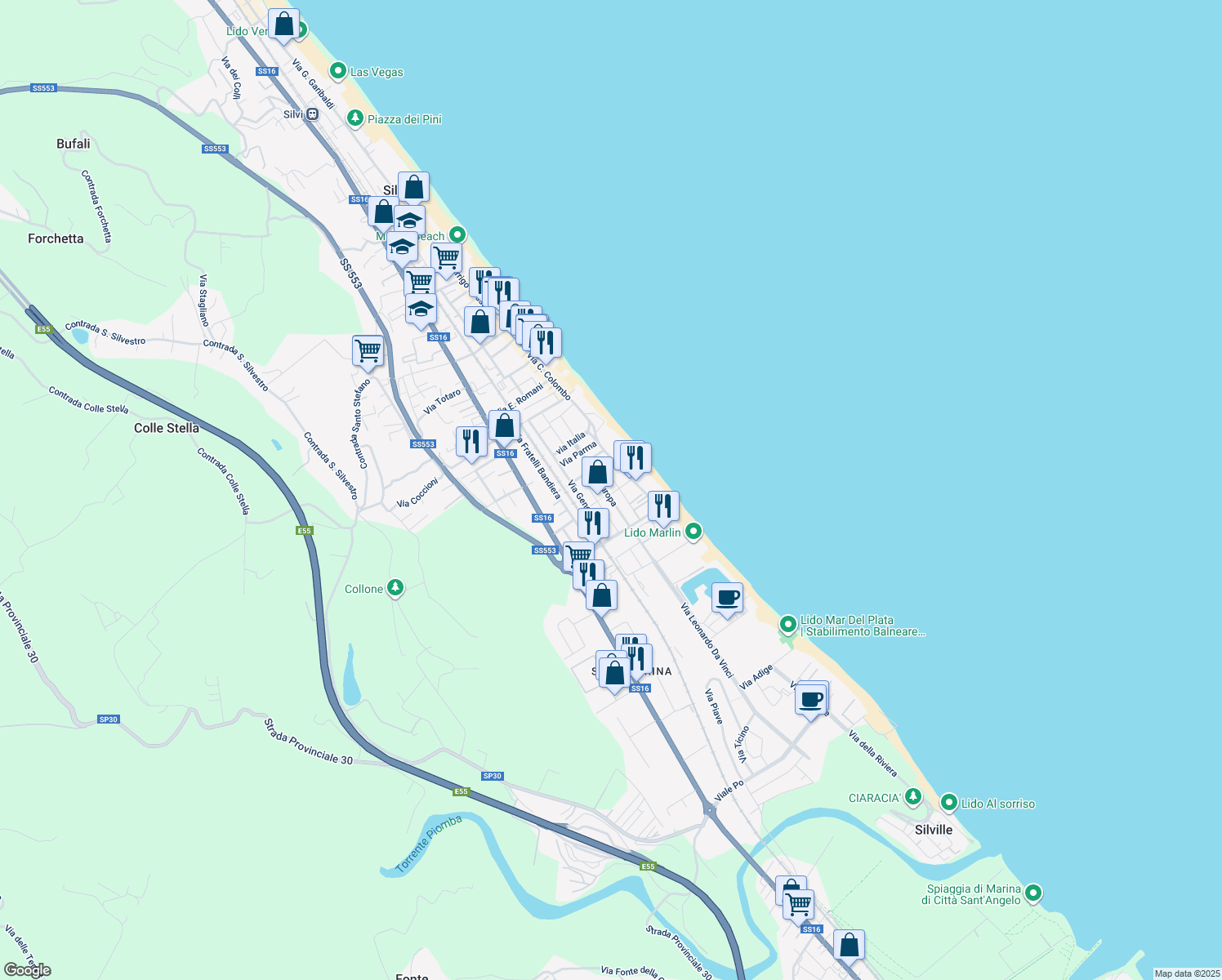 map of restaurants, bars, coffee shops, grocery stores, and more near 38 Viale Europa in Silvi