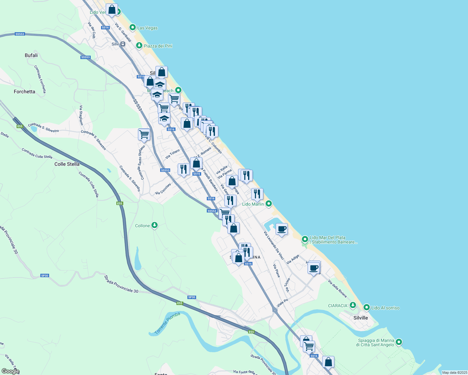 map of restaurants, bars, coffee shops, grocery stores, and more near 38 Viale Europa in Silvi