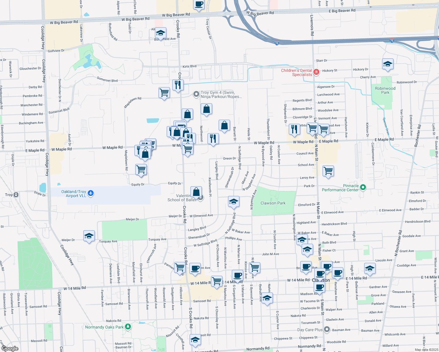 map of restaurants, bars, coffee shops, grocery stores, and more near 1260 Langley Boulevard in Clawson