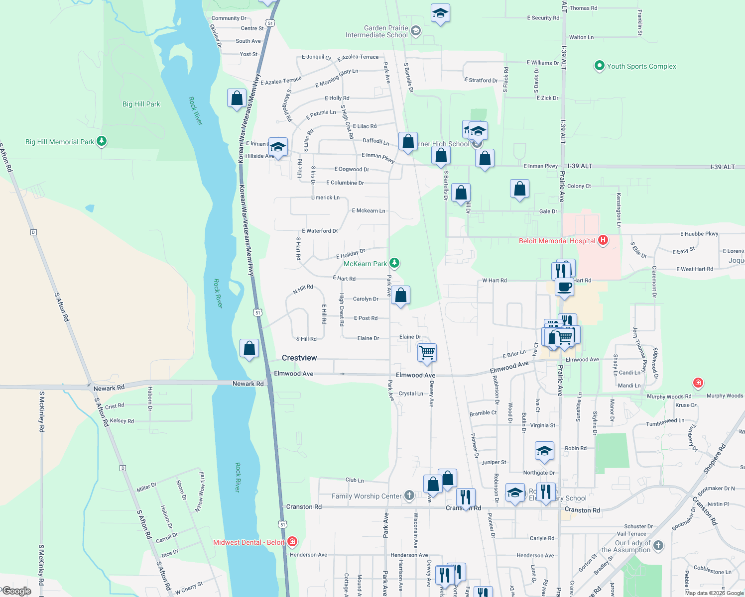 map of restaurants, bars, coffee shops, grocery stores, and more near 865 Carolyn Drive in Beloit