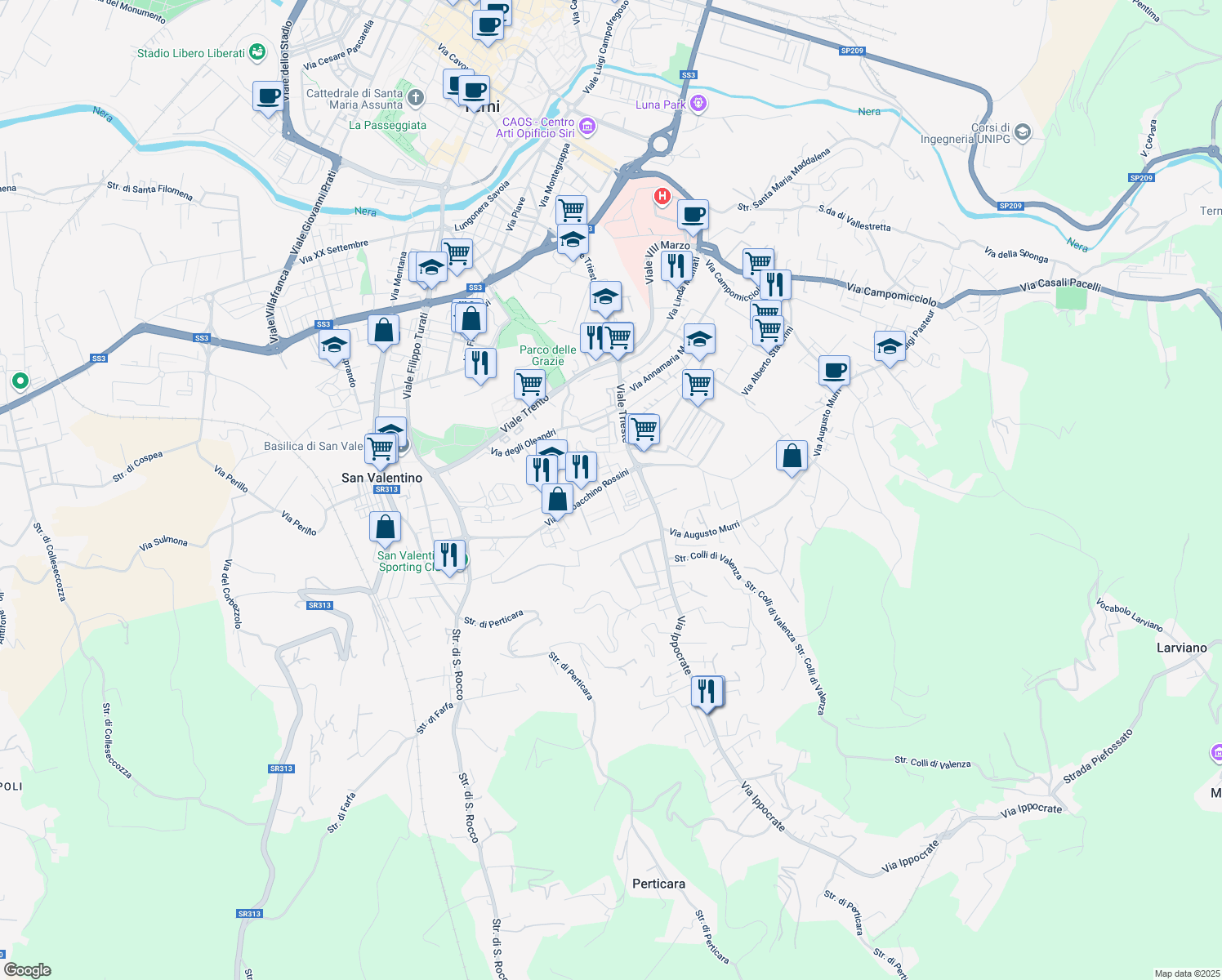 map of restaurants, bars, coffee shops, grocery stores, and more near 54 Viale Gioacchino Rossini in Terni