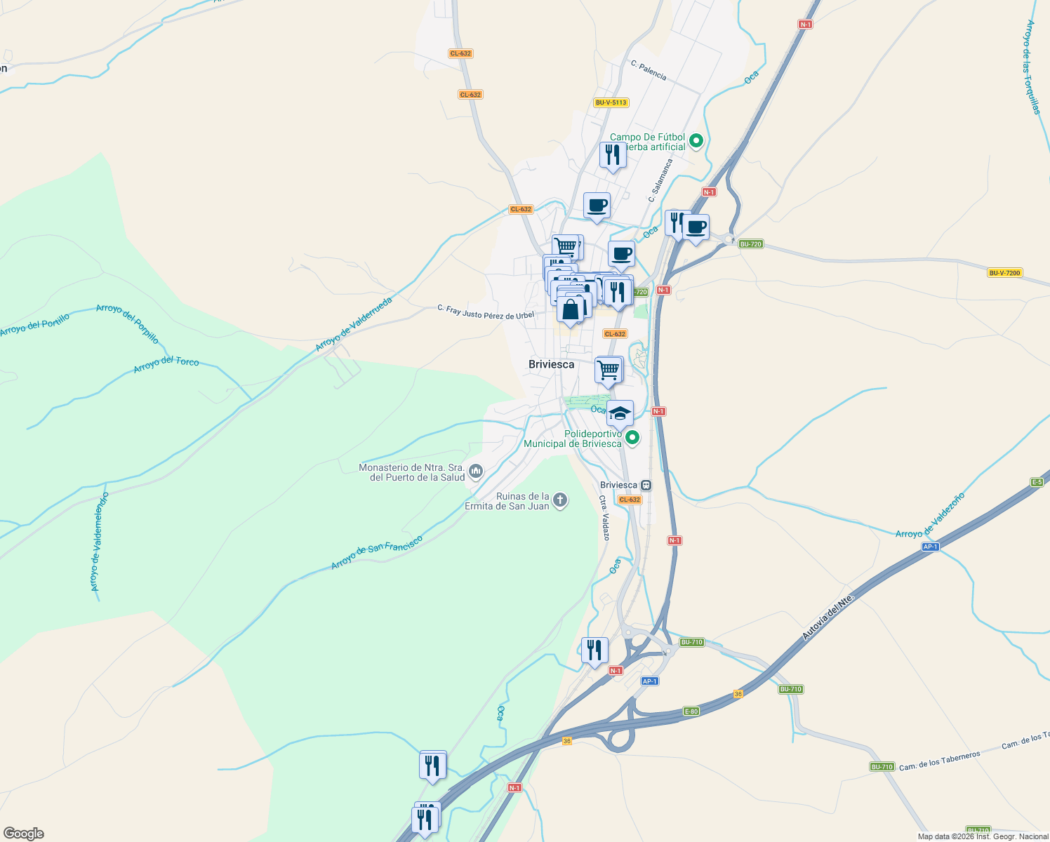 map of restaurants, bars, coffee shops, grocery stores, and more near 0 Camino de San Francisco in Briviesca