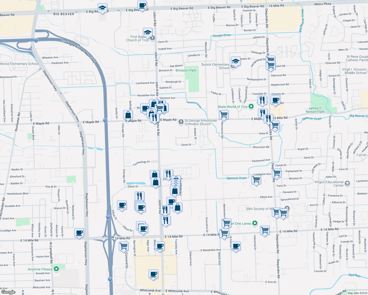 map of restaurants, bars, coffee shops, grocery stores, and more near 2202 Zenia Drive in Troy