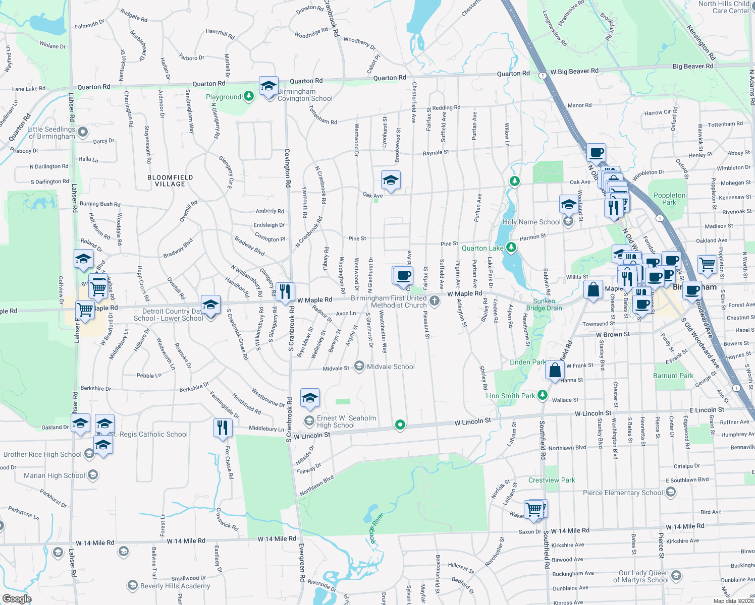 map of restaurants, bars, coffee shops, grocery stores, and more near 120 Westchester Way in Birmingham