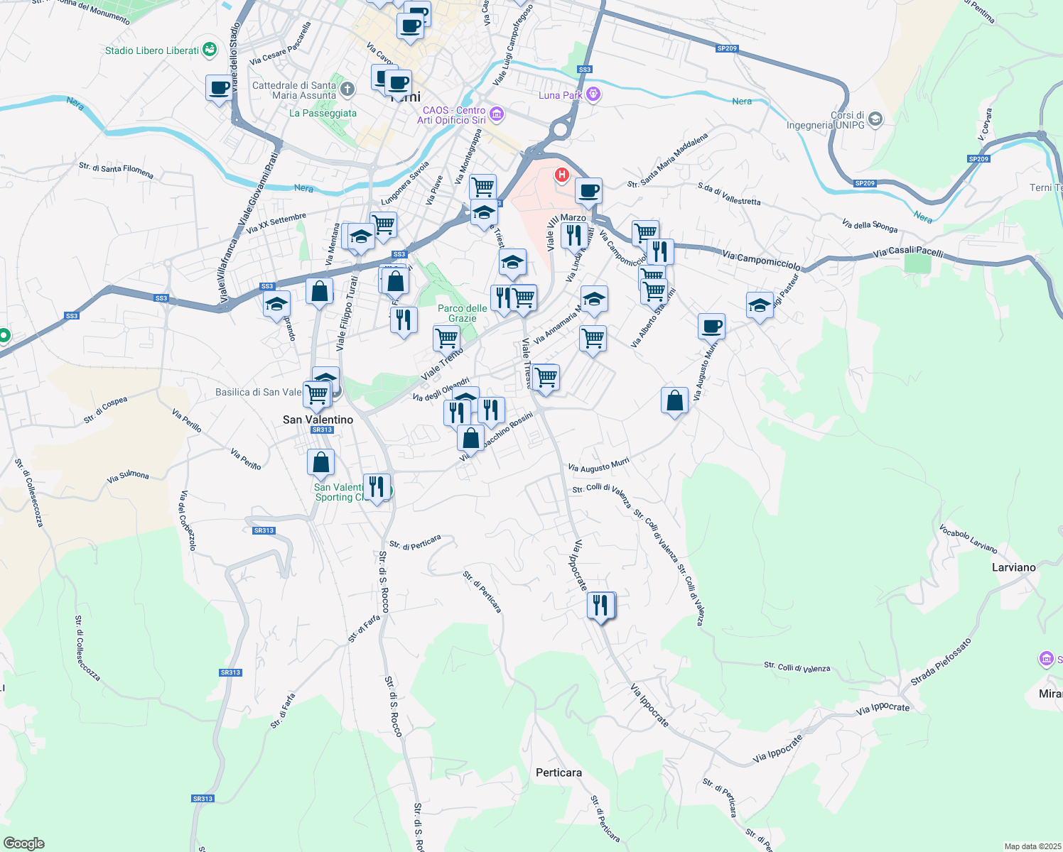 map of restaurants, bars, coffee shops, grocery stores, and more near 54 Viale Gioacchino Rossini in Terni