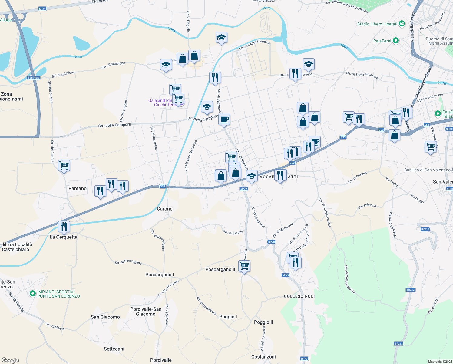 map of restaurants, bars, coffee shops, grocery stores, and more near 115 Via Narni in Terni